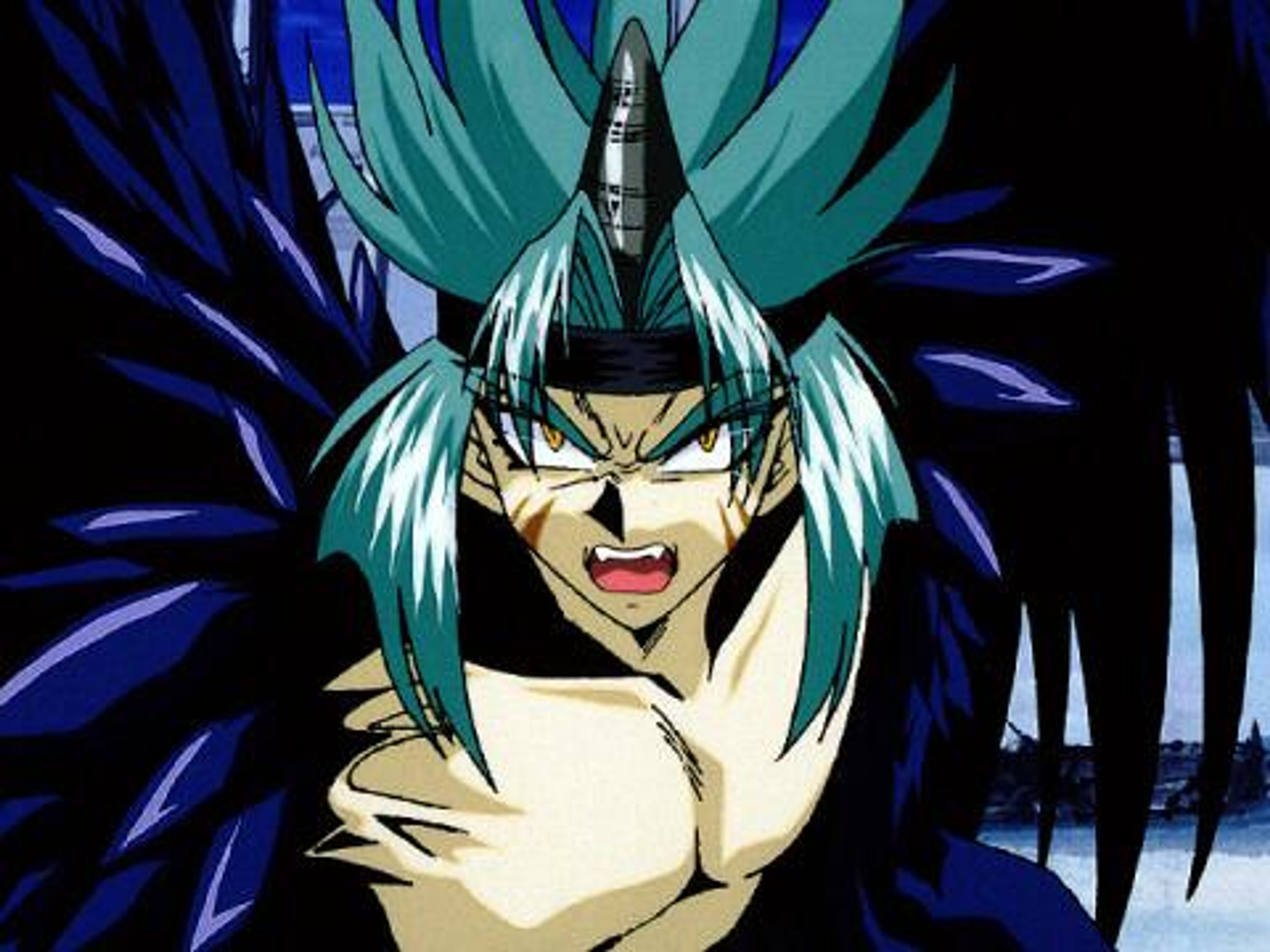 A powerful, intense-looking anime character with green hair and a muscular build