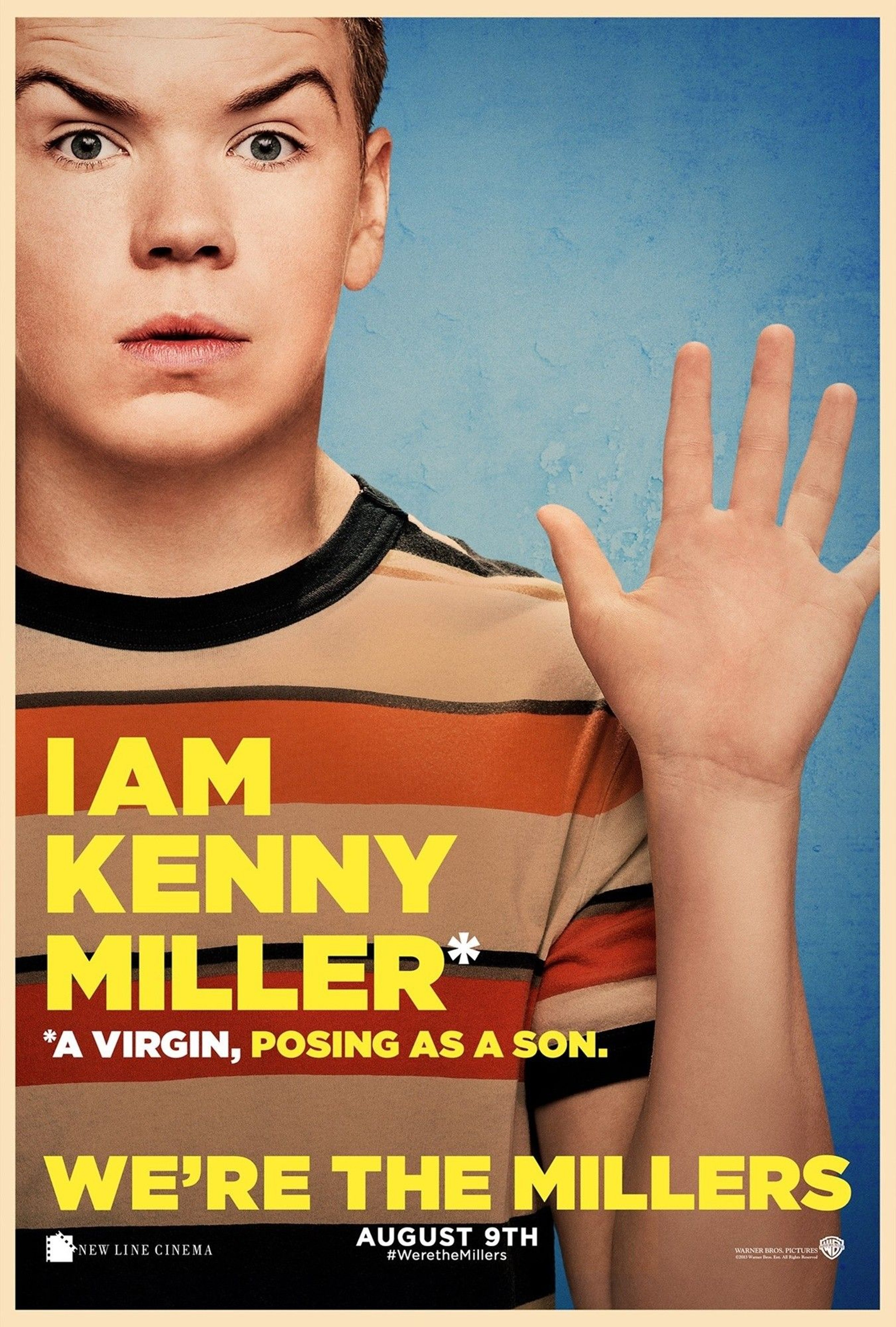 A young man with short brown hair wearing a red and white striped shirt with the text 'I AM KENNY MILLER' printed on it, holding up his hand in a stop gesture.