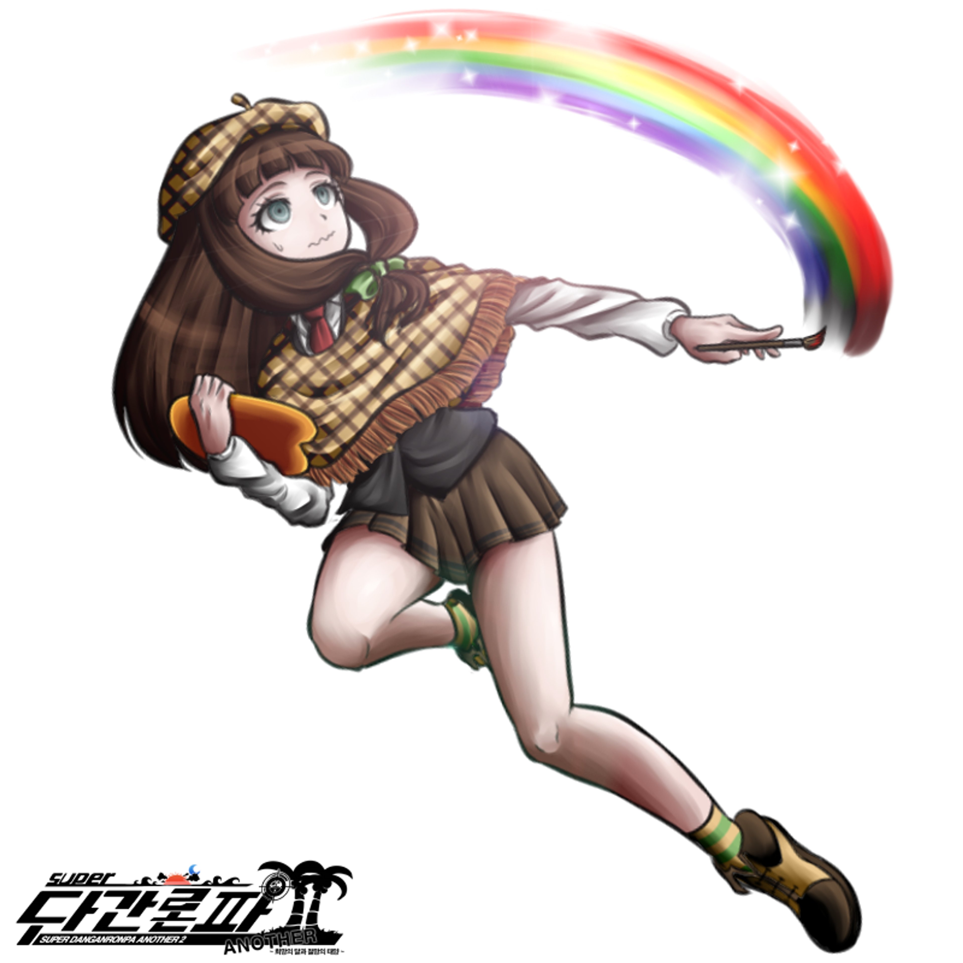 An anime-style girl with brown hair and a cheerful expression, holding a paintbrush.