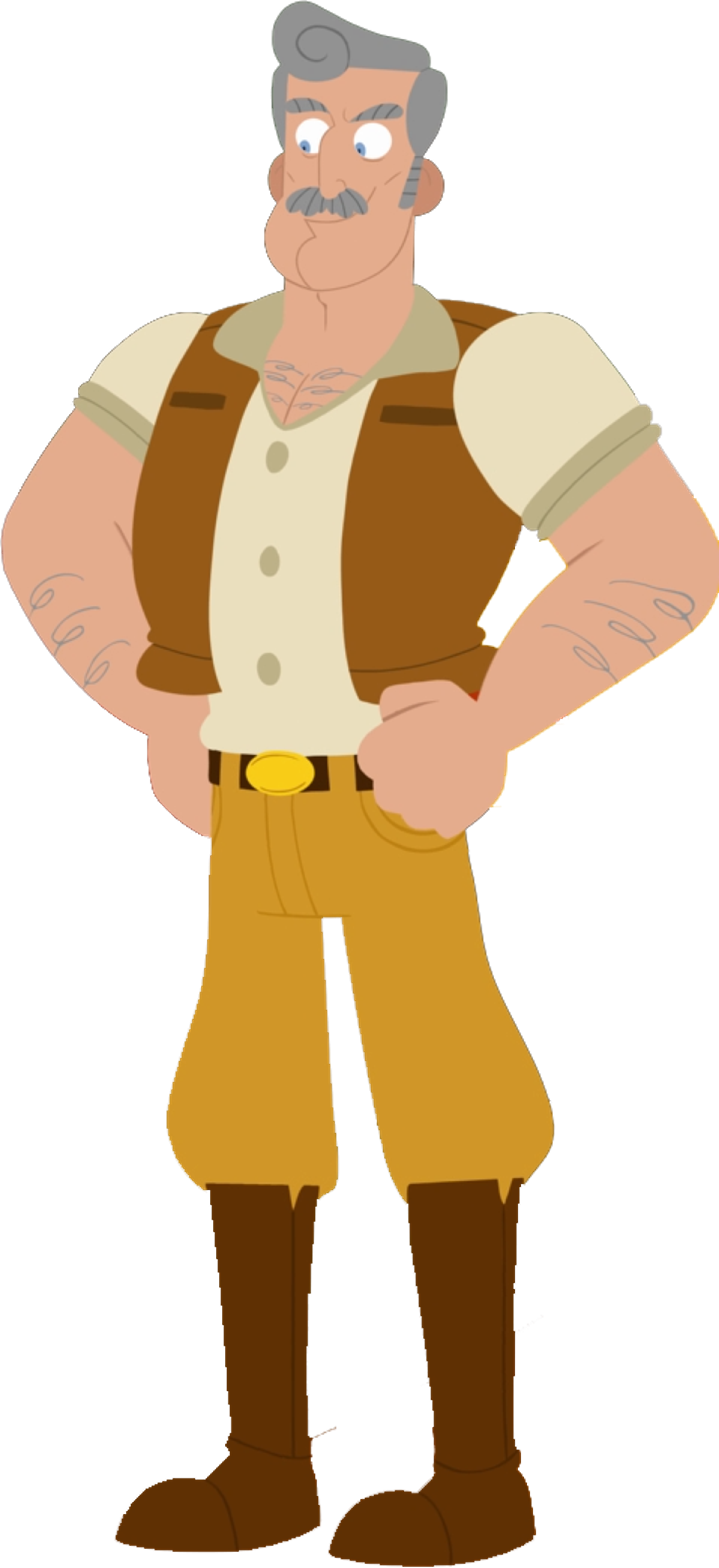 A large, muscular man with grey hair, sideburns, and a mustache wearing a brown vest over a white polo shirt.