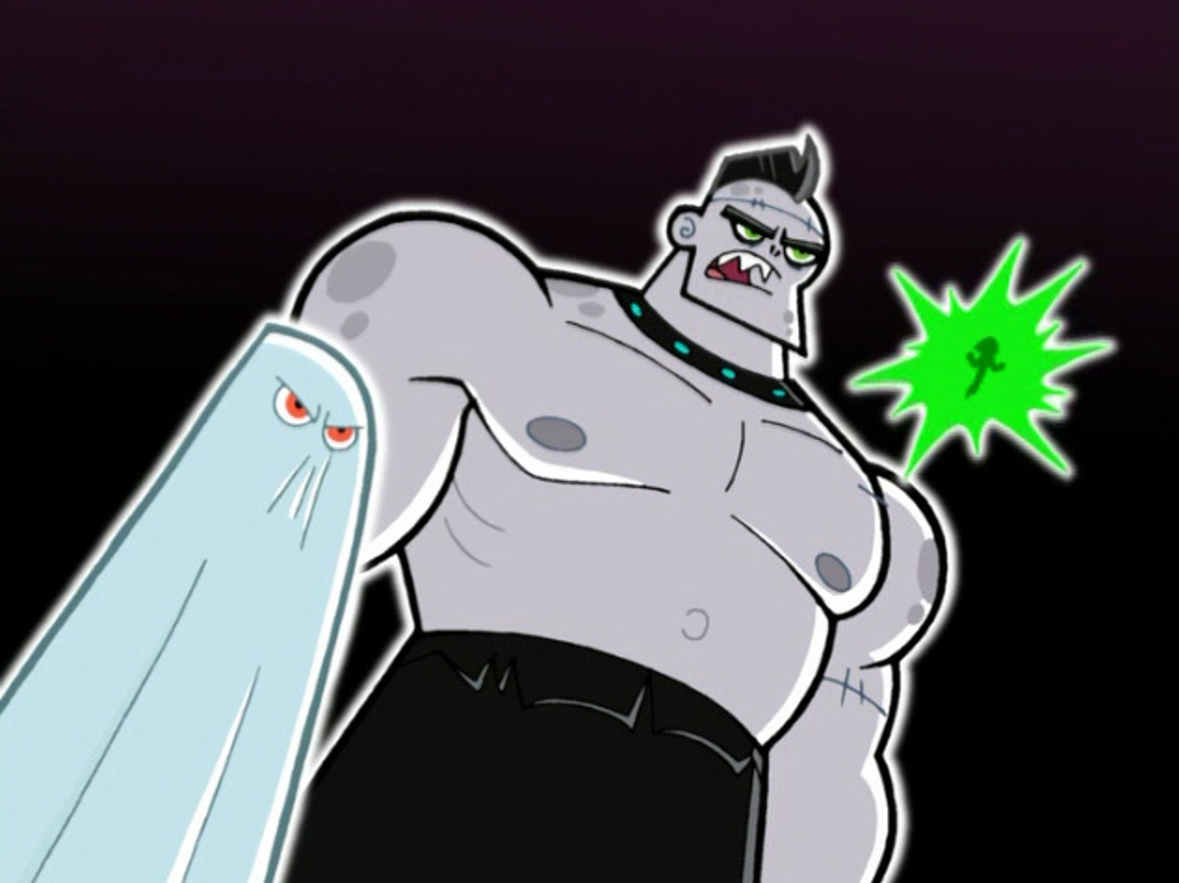 A muscular, gray-skinned entity with a black mohawk and glowing green eyes