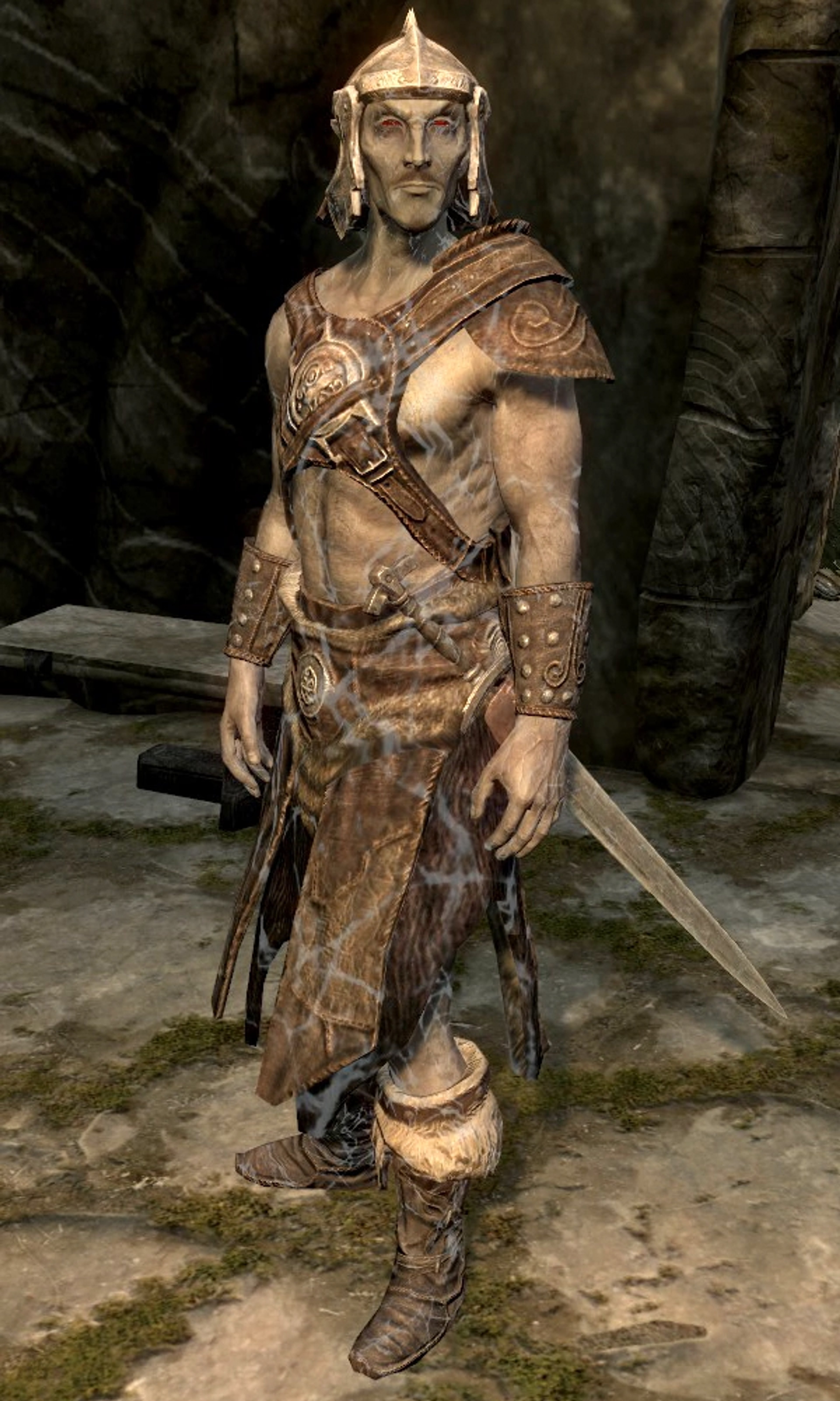 A Dunmer (Dark Elf) character in worn hide armor, wielding a sword in a dimly lit environment.