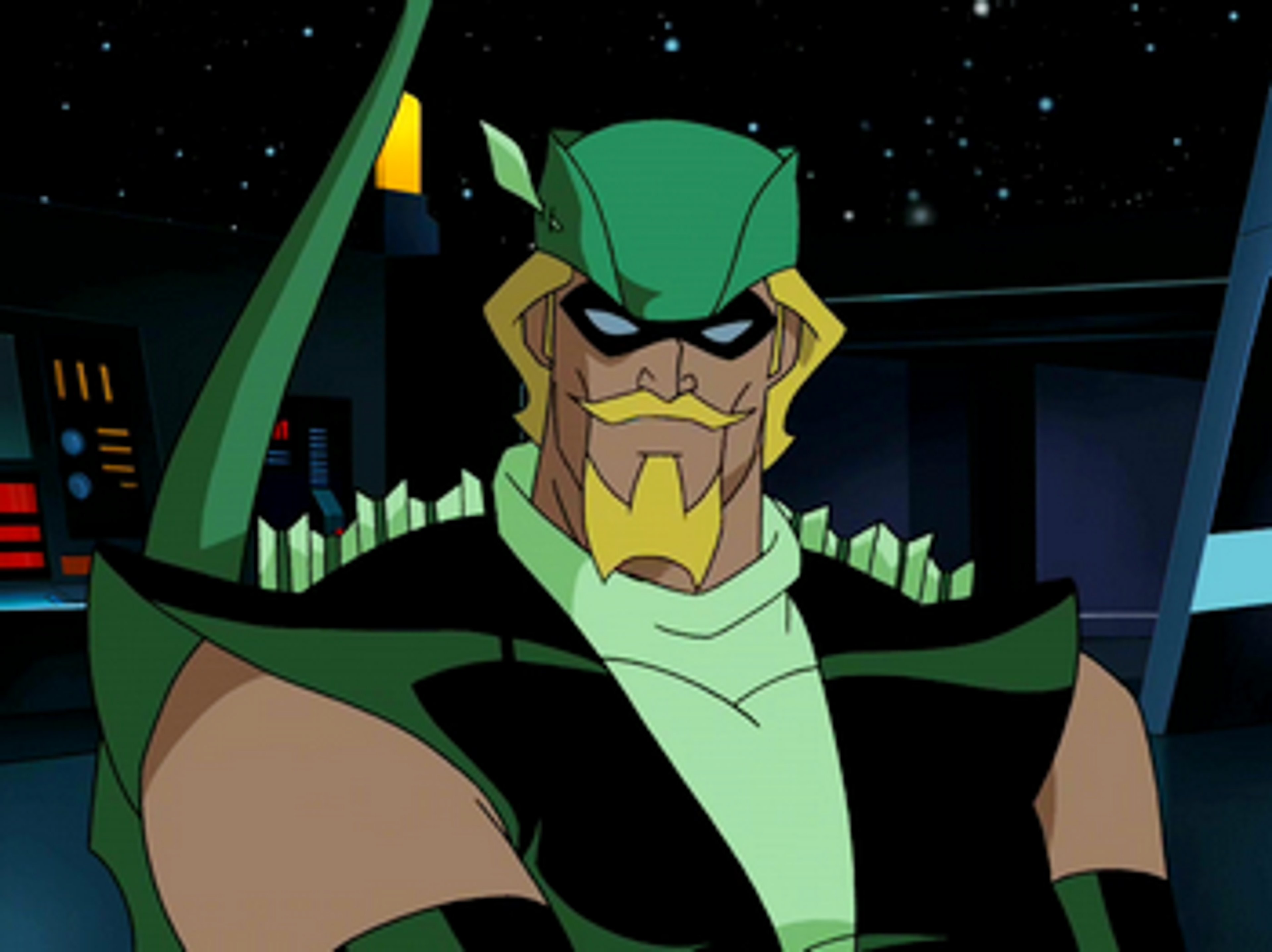 A superhero in a green costume with a goatee, standing in a heroic pose.