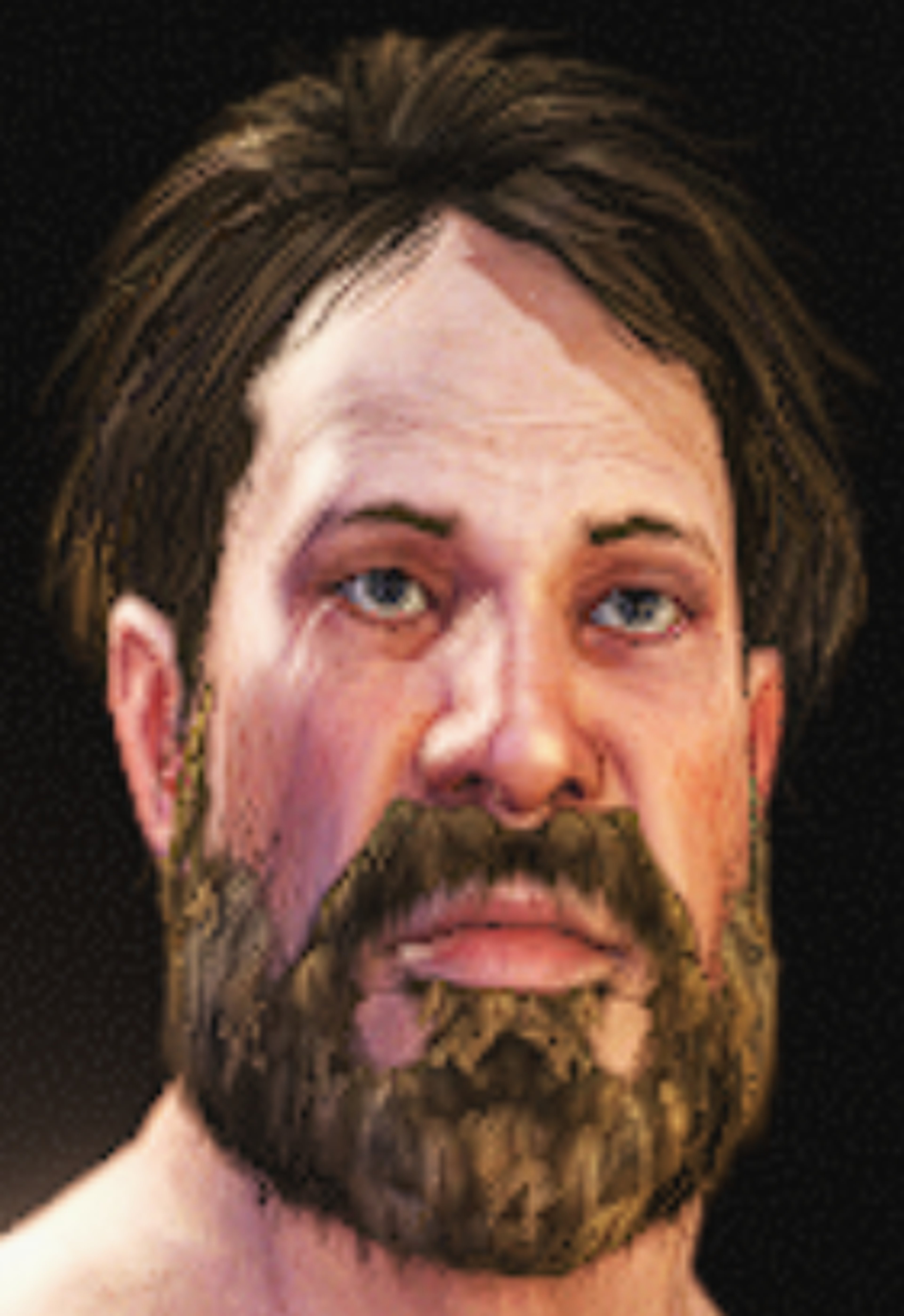 A middle-aged man with a beard and long hair wearing medieval-style clothing