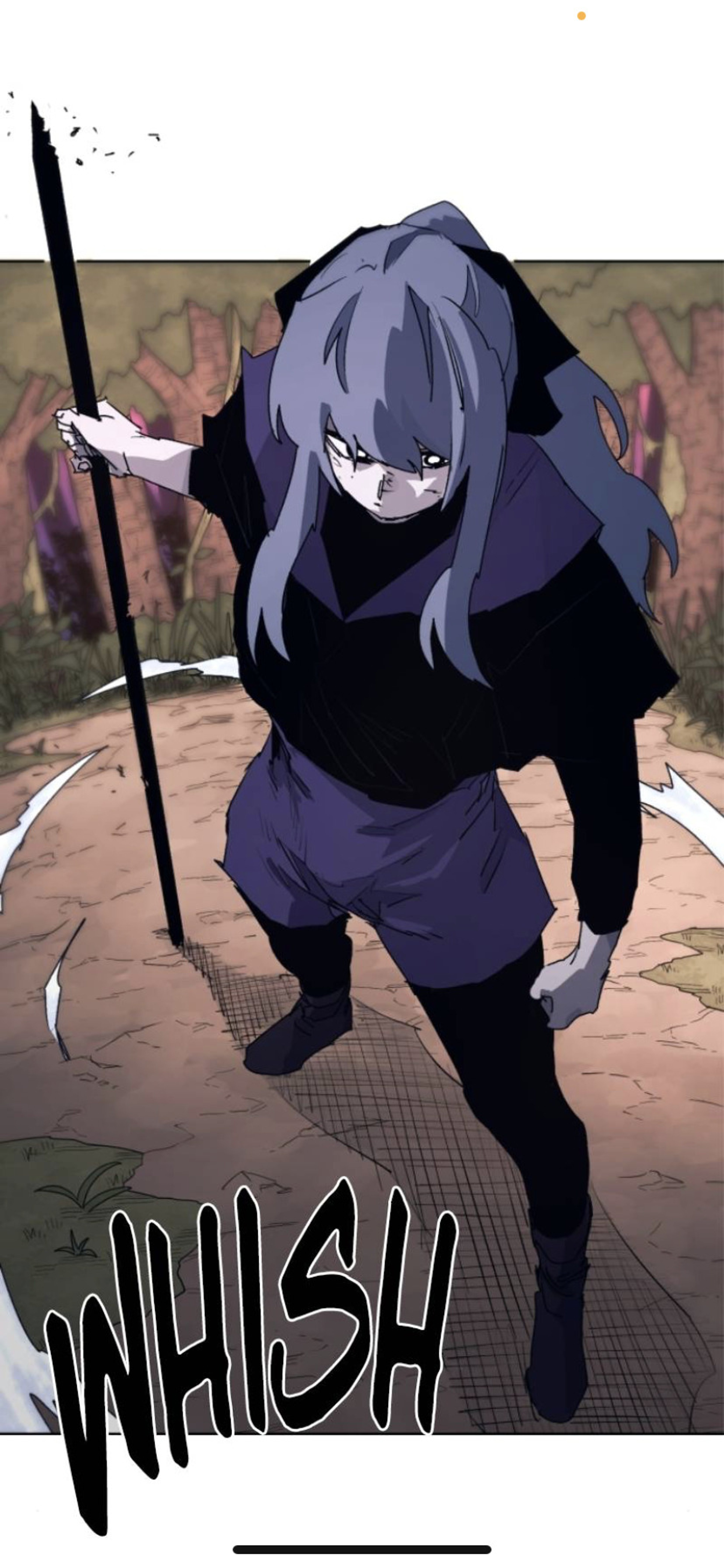 An anime-style character with blue hair and a fierce expression, holding a weapon.