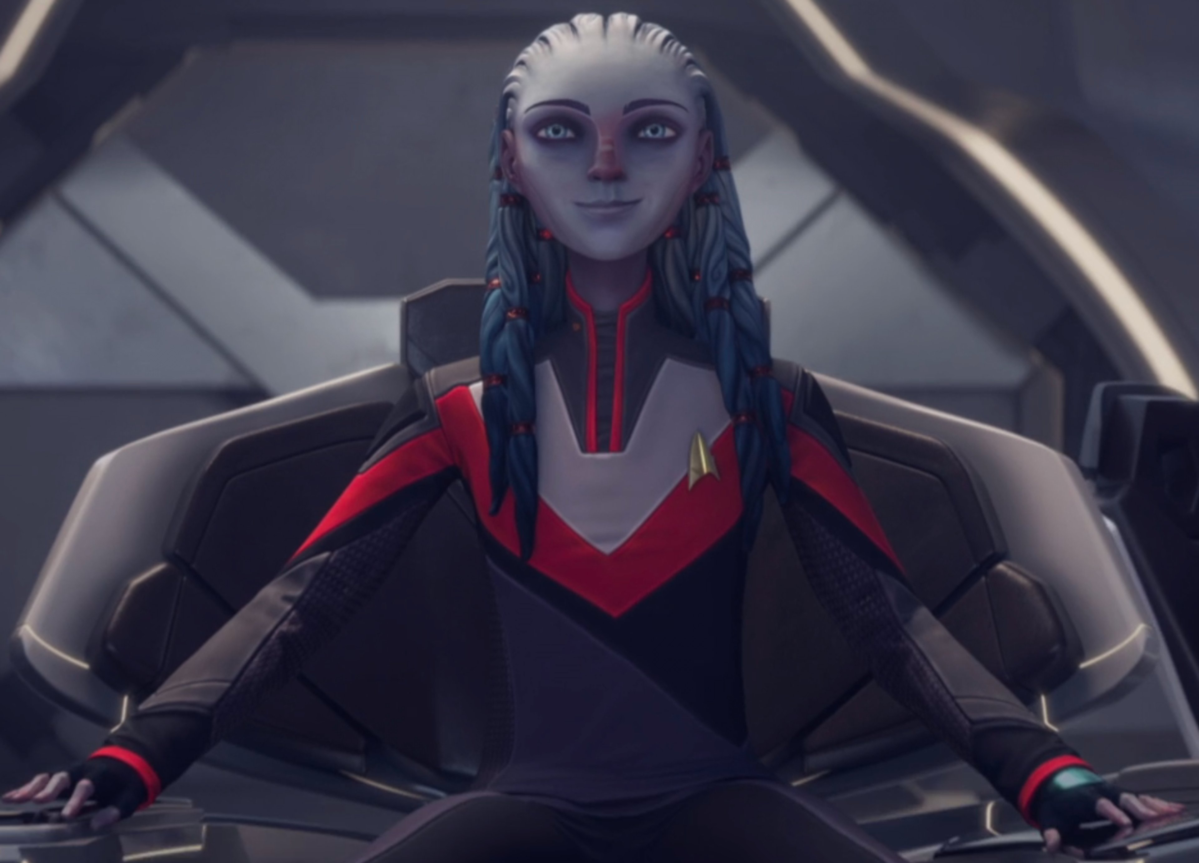 A young Vau N'Akat woman with purple skin, violet eyes, and white hair in a partial updo, wearing a black and red outfit.