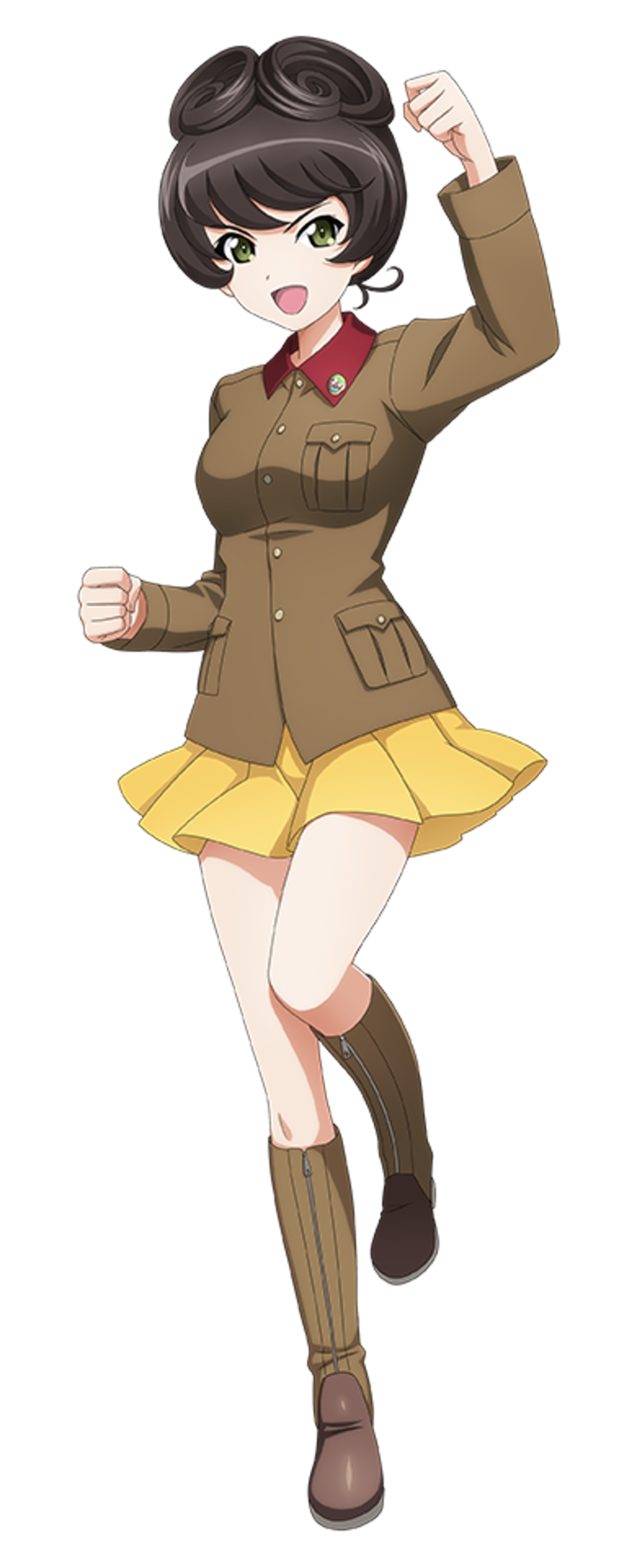 An anime-style character with a swirled hairstyle wearing a military uniform and striking an energetic pose.