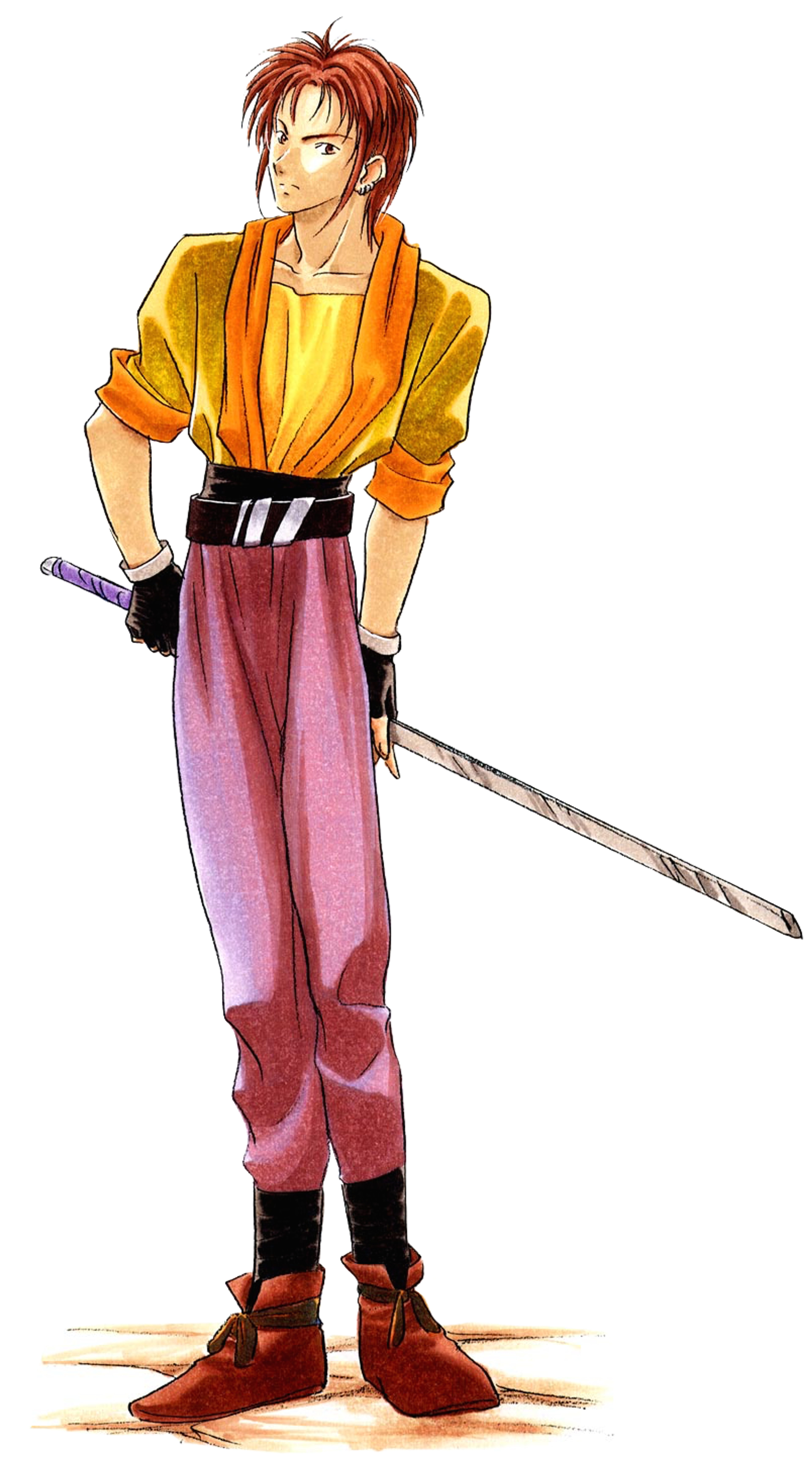 A young man with red hair wearing a yellow robe and pink pants, holding a sword.