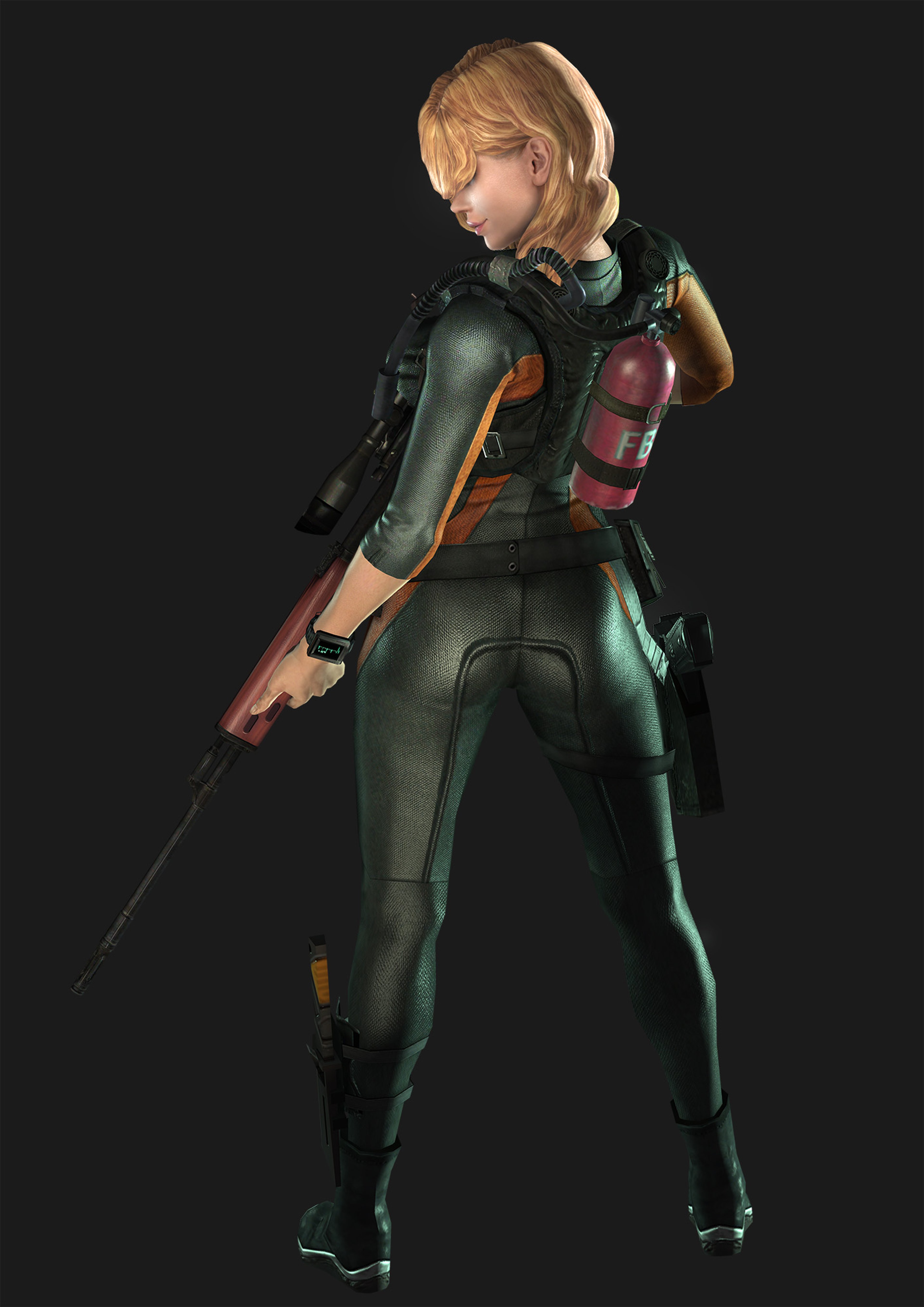 A female character in a green tactical suit holding a weapon in a dark setting.