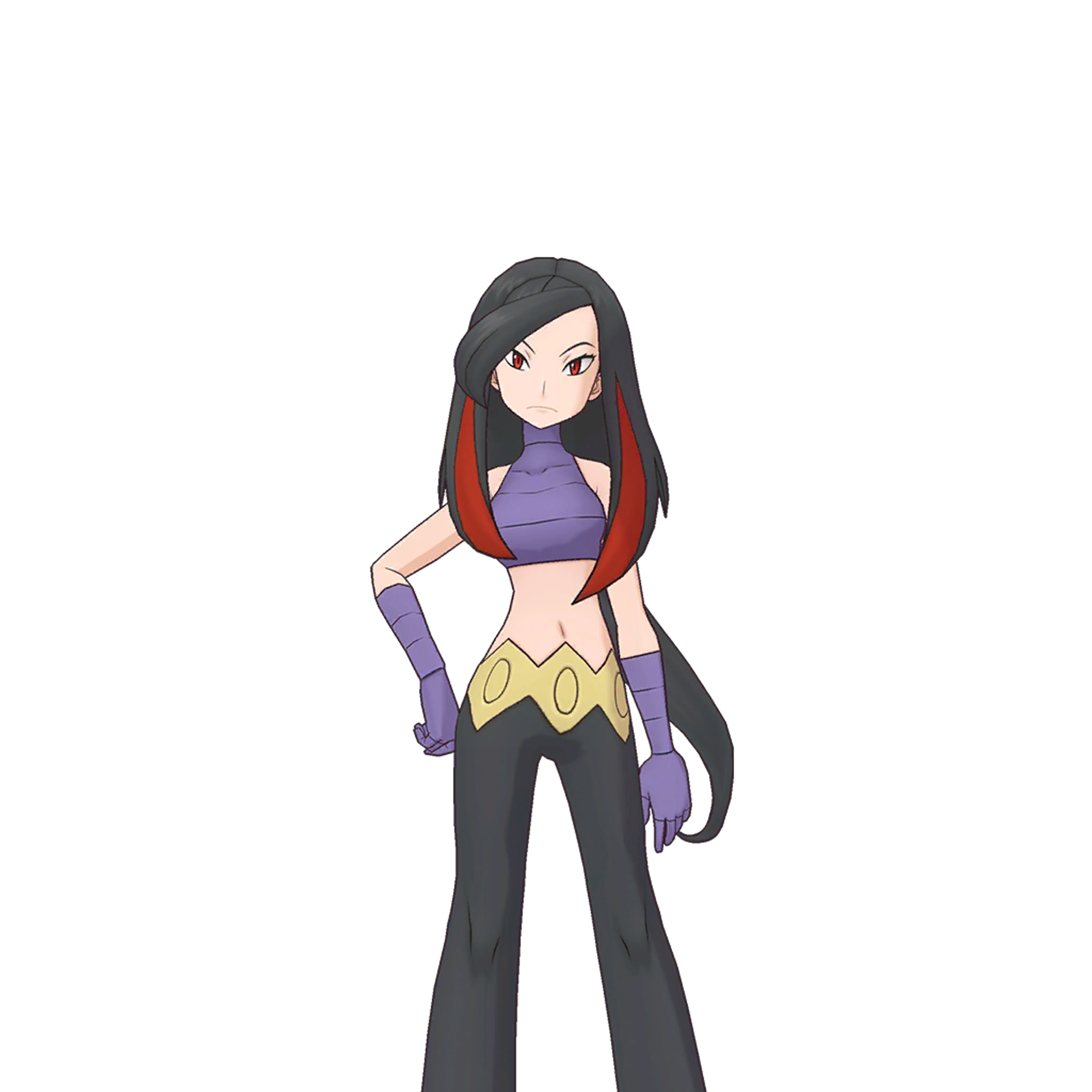 A young woman with long dark hair wearing a purple crop top and yellow shorts, standing in a fighting stance.