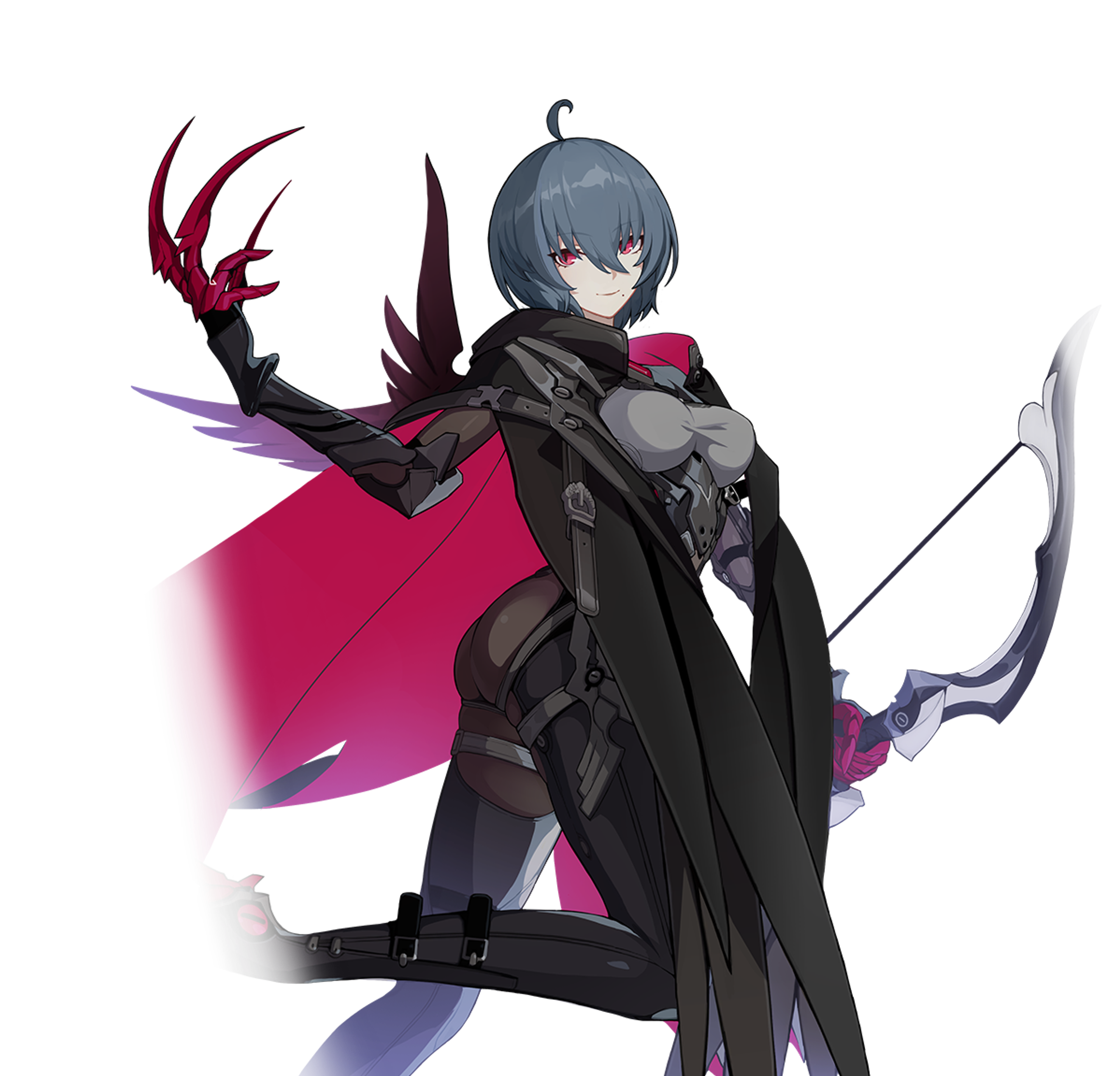 A female character with blue hair and red eyes, wearing a black outfit and holding a large scythe-like weapon.