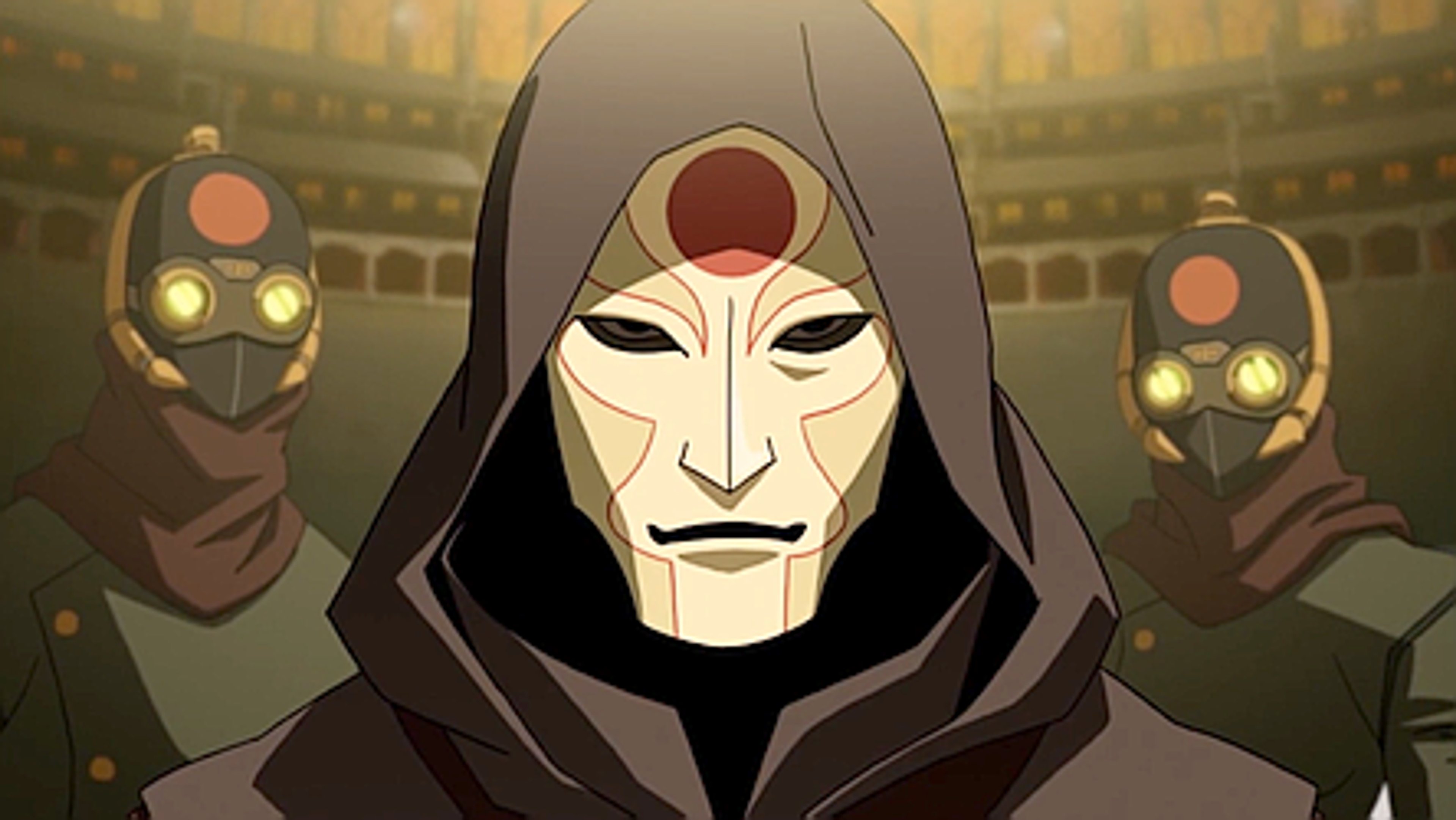 A hooded figure wearing a white mask