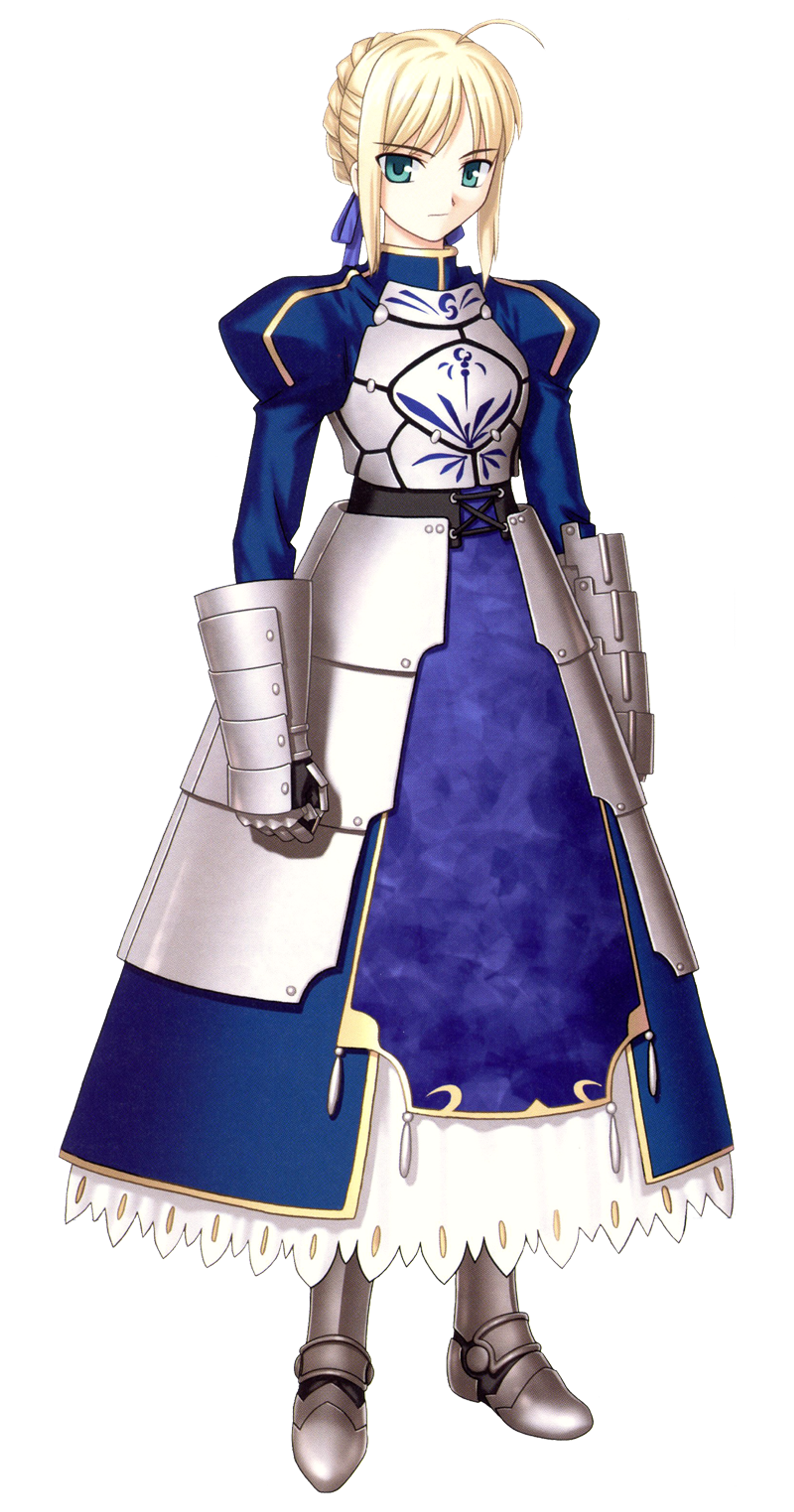 A young woman in a blue dress holding a sword, appearing to be the character Saber from the Fate series.