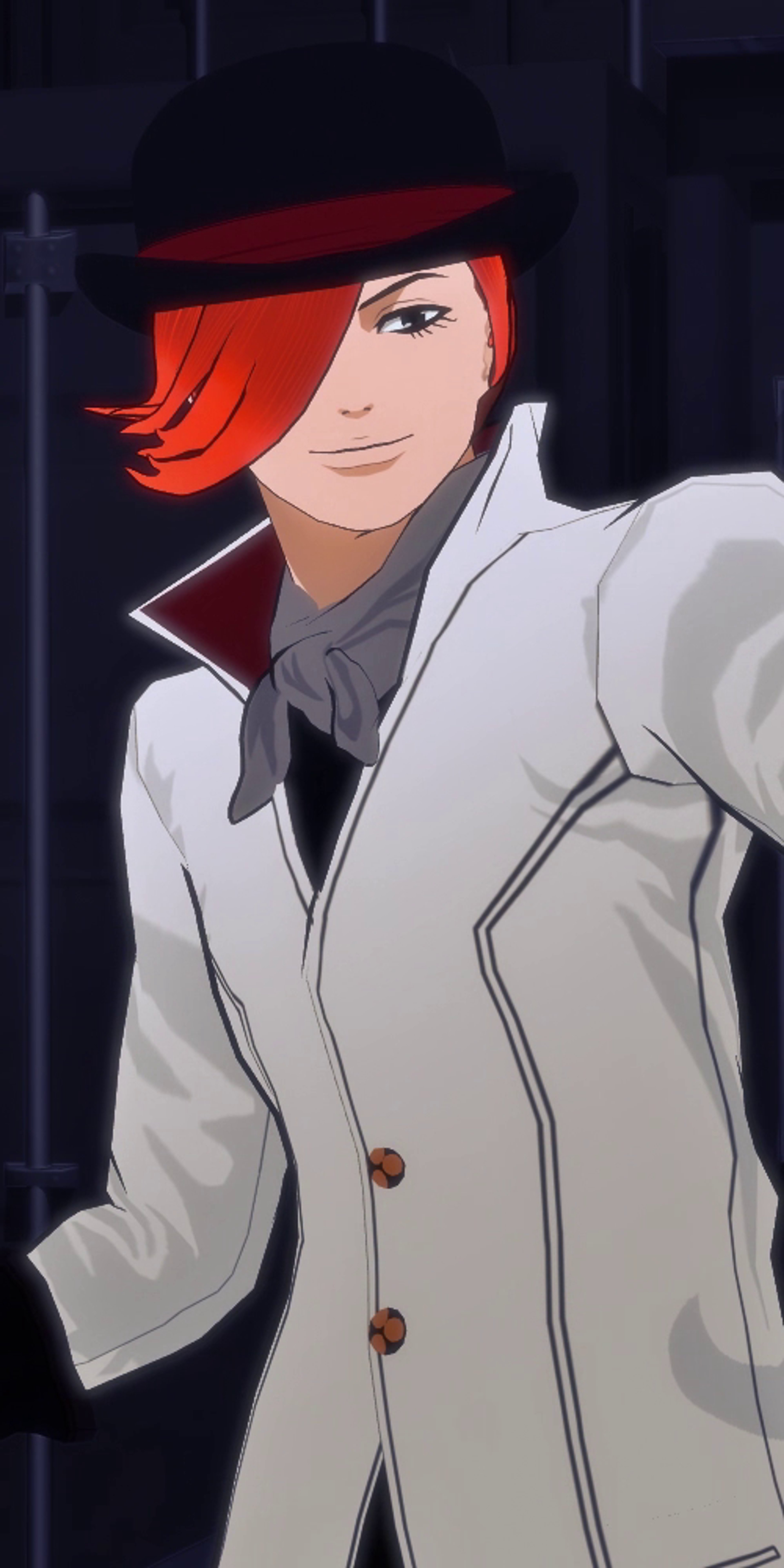 An anime-style character with red hair, wearing a white coat and red scarf, holding a cane.