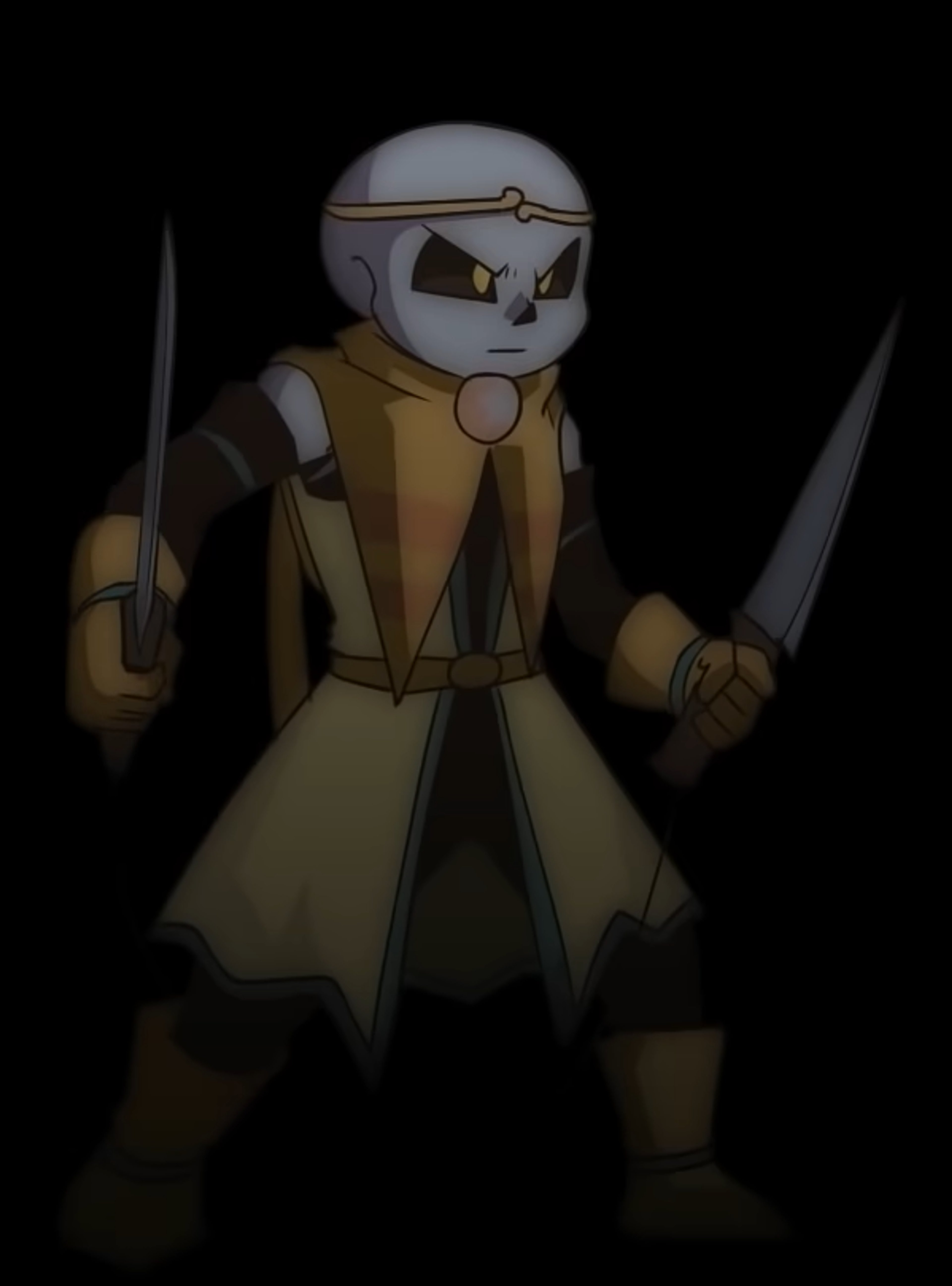 A skeletal character in a fighting stance, wearing a yellow robe and holding two sharp weapons.