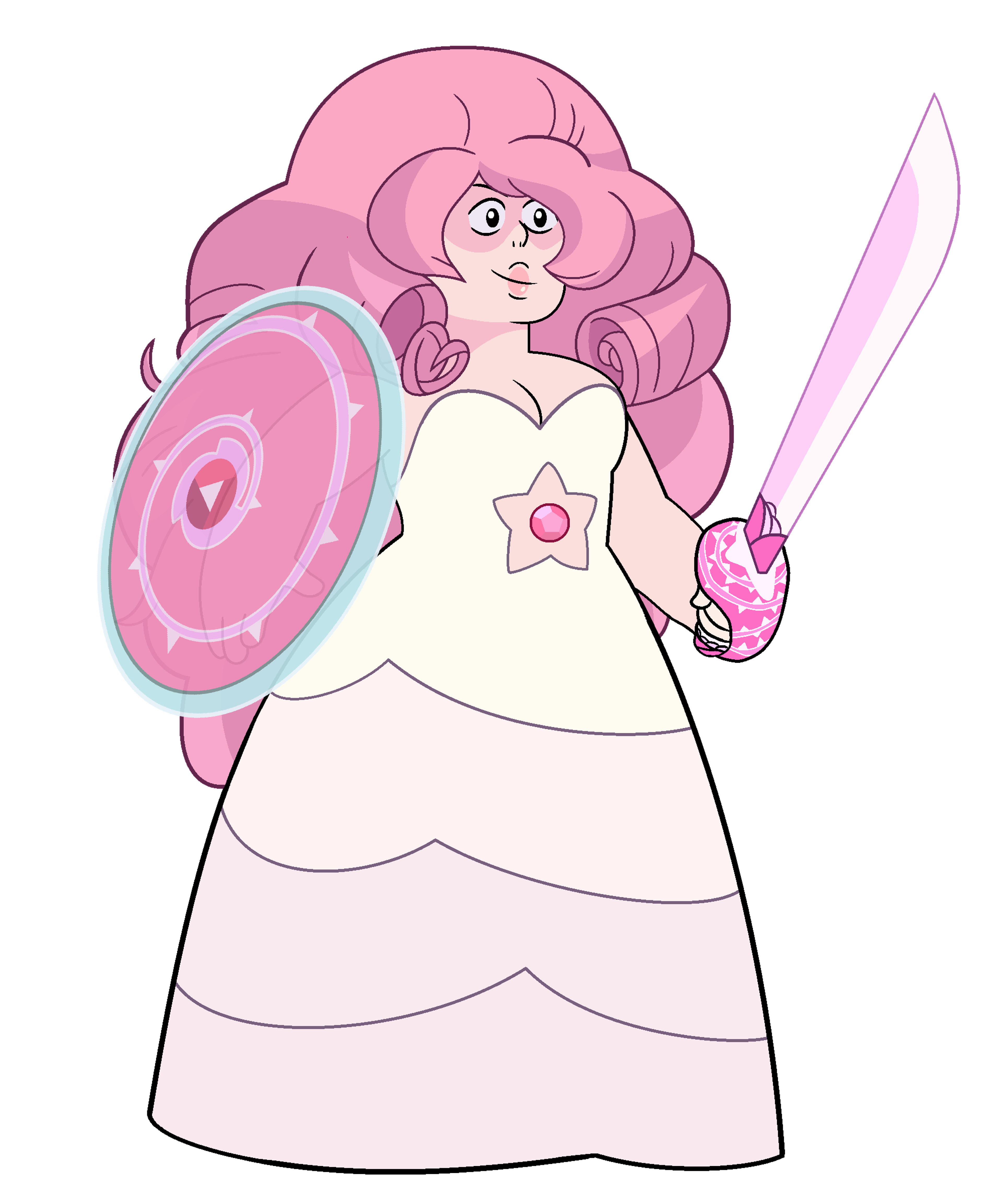 A tall, pink-haired female character in a white dress with a star-shaped cutout