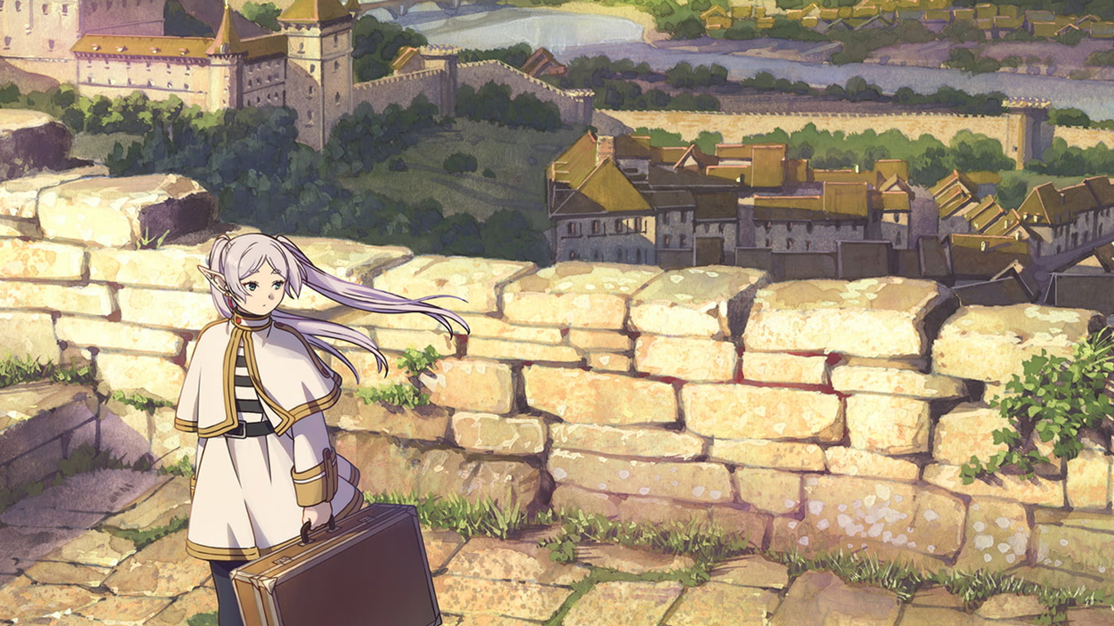 A young female elf character with silver-lavender hair standing in front of a stone wall overlooking a rural landscape.
