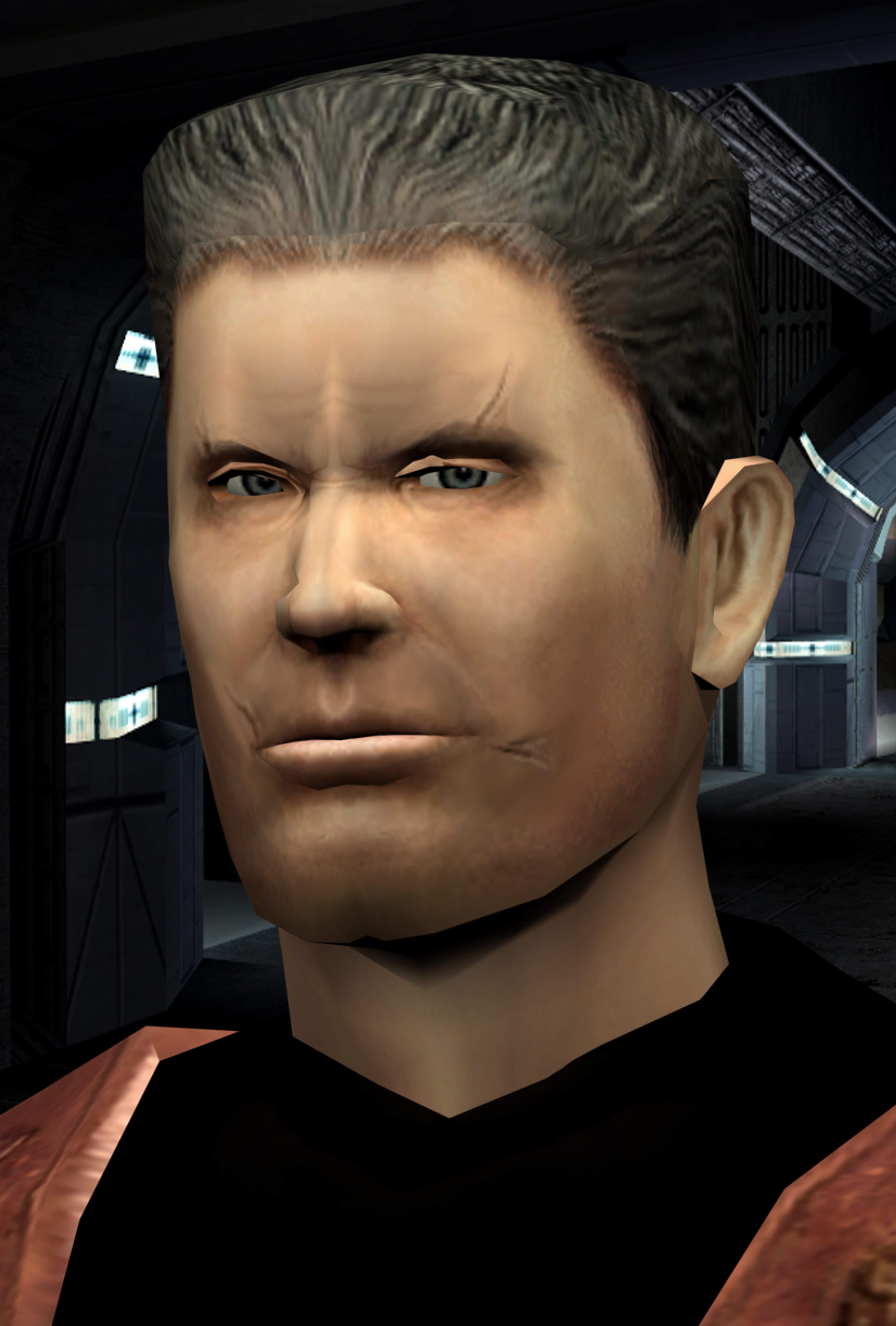 A grizzled, battle-hardened Mandalorian warrior with a stern expression