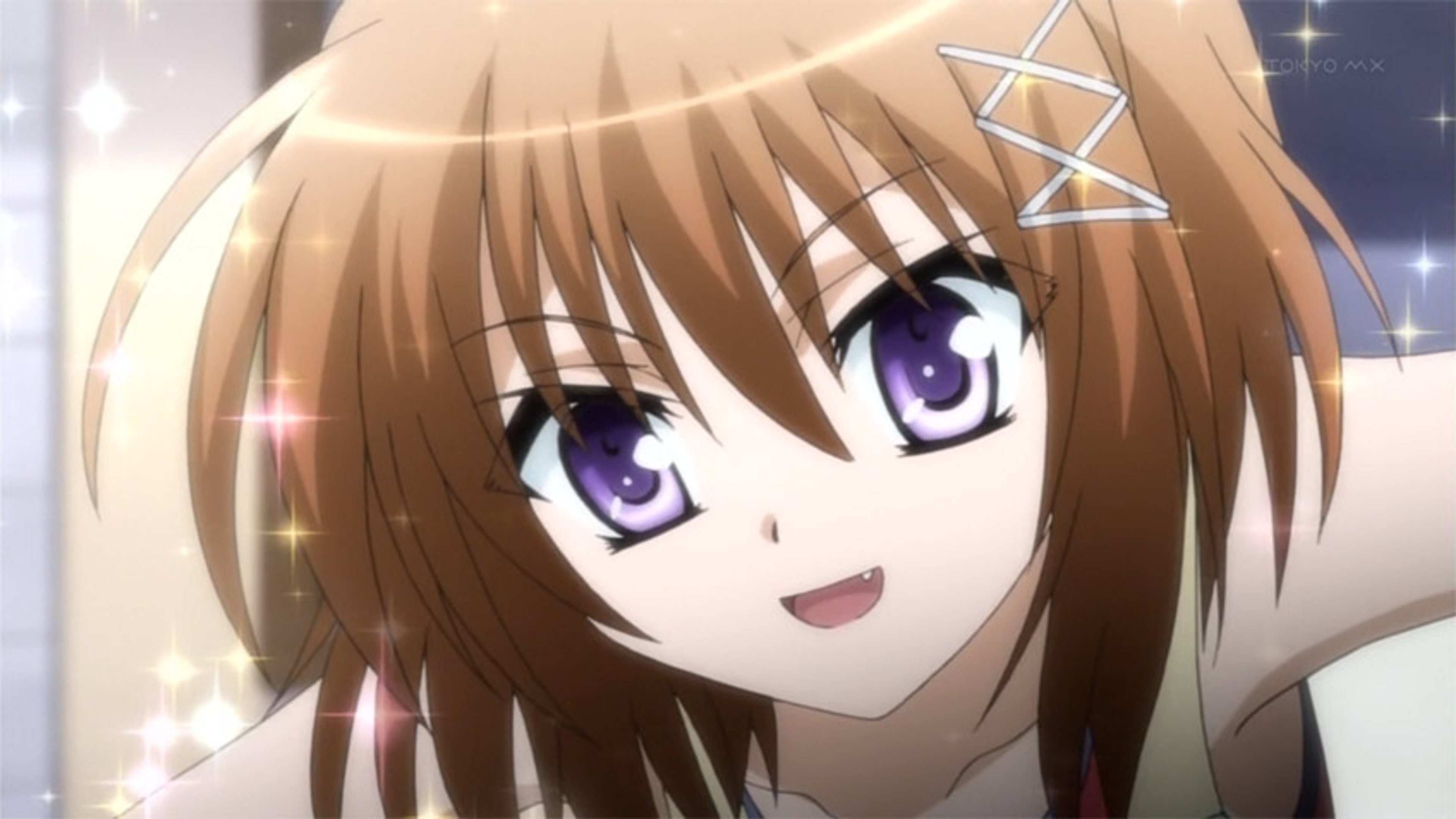 An anime-style girl with short brown hair, purple eyes, and a fang tooth, wearing a school uniform.