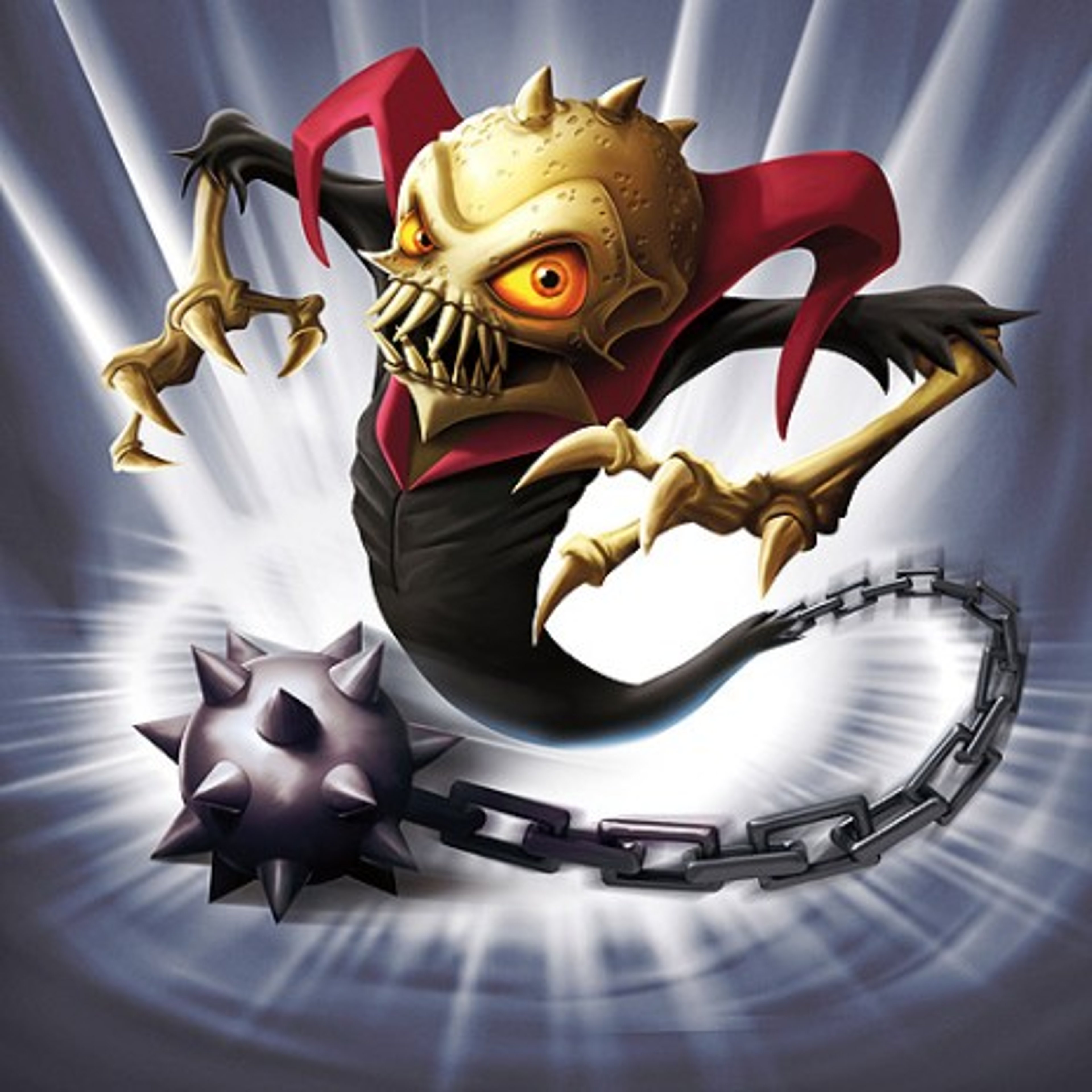 A skeletal, ghoul-like creature chained to a spiked ball