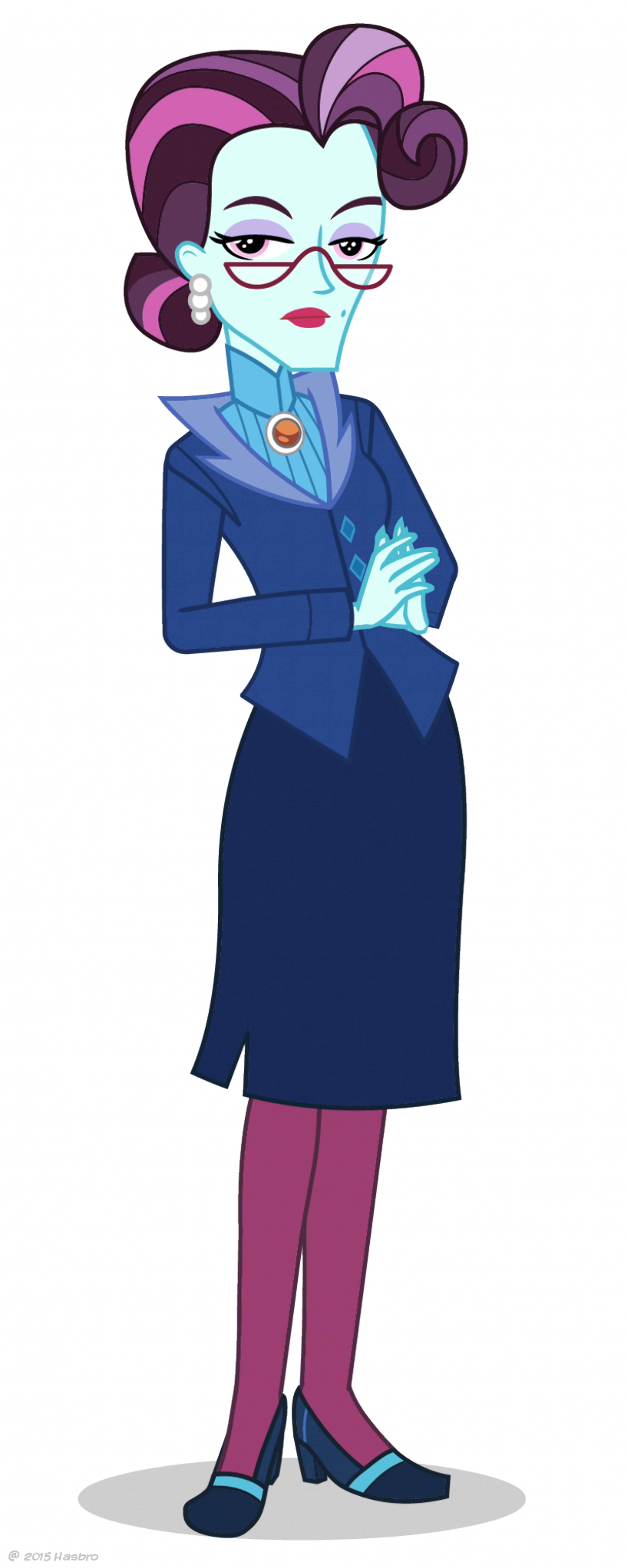 A female character with pink and blue hair in a suit