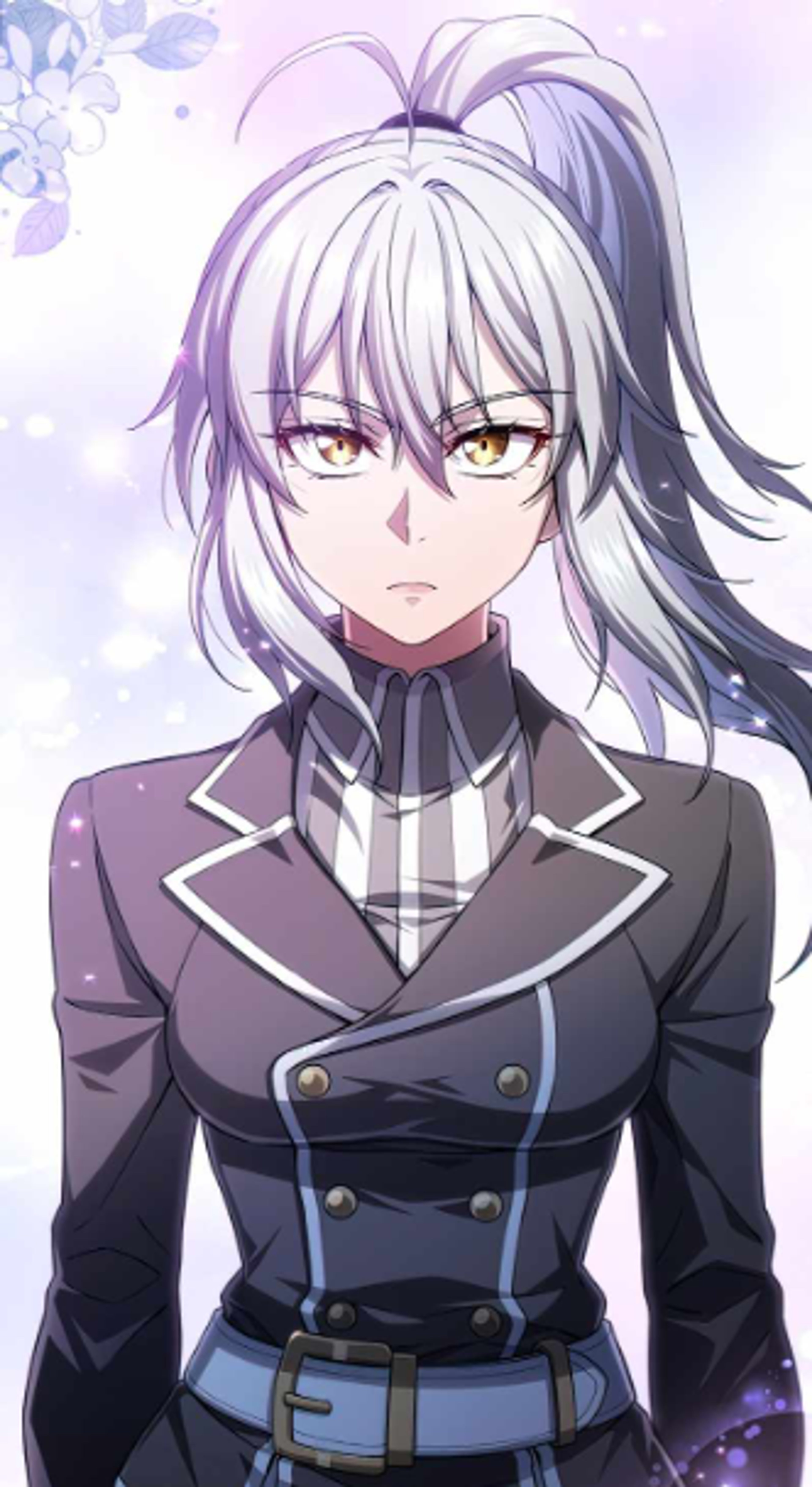 A young woman with gray hair and unique eyes wearing a dark uniform with gold accents.