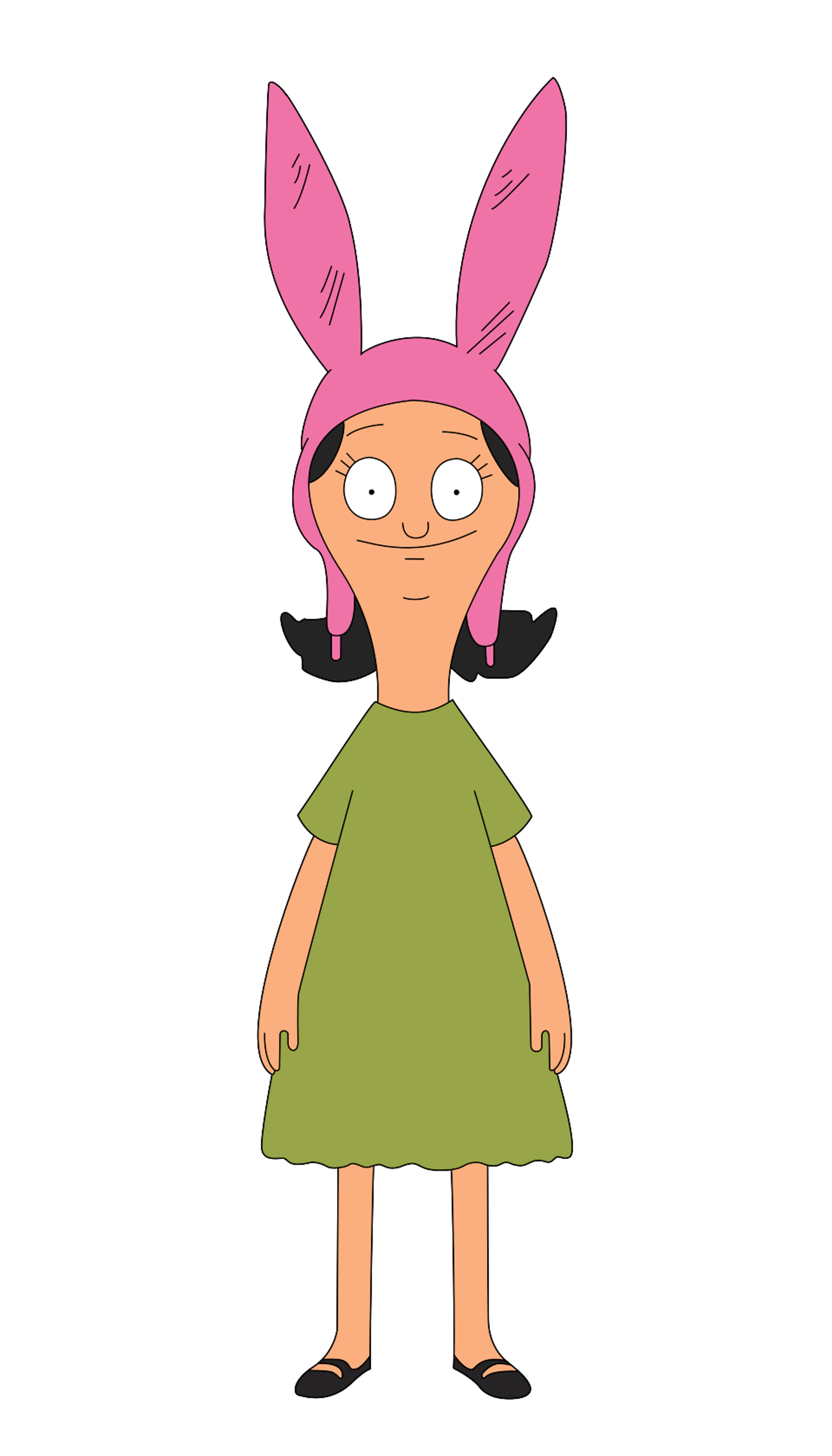 An animated character with pink bunny ears and a green dress