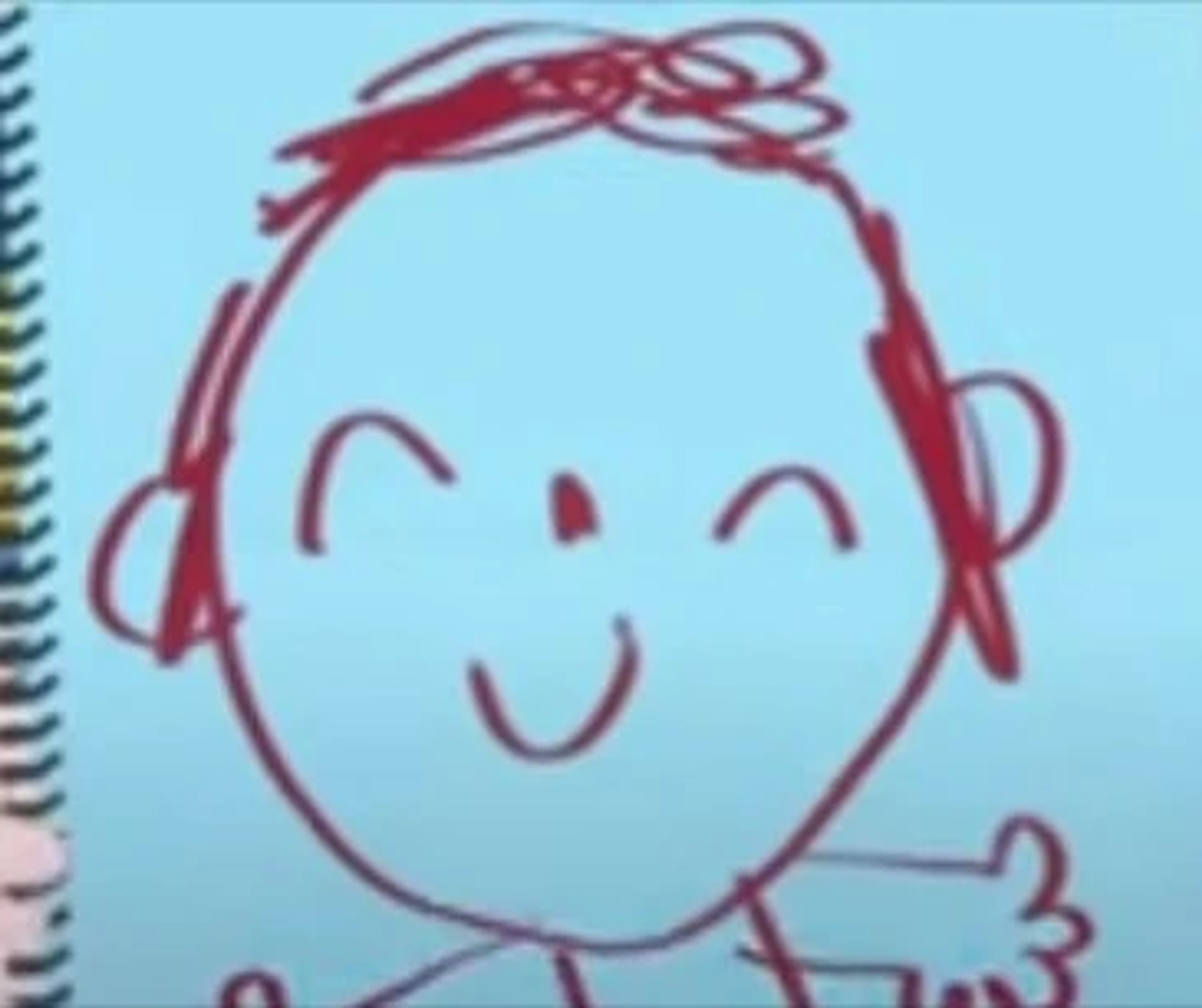A cartoon character with a round, smiling face and large eyes, wearing a red headband.