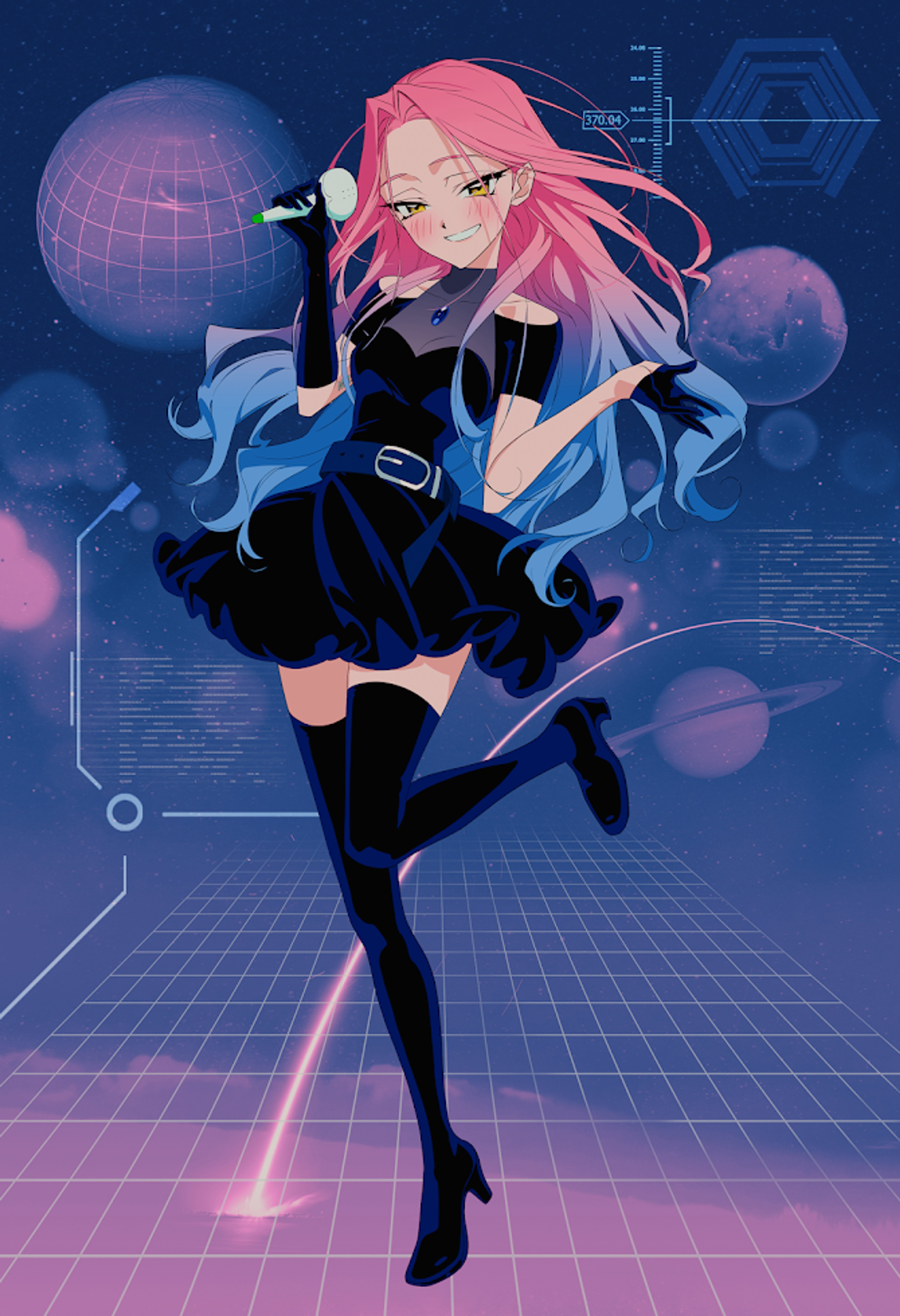 A young woman with pink hair in a dynamic pose against a futuristic cityscape background.