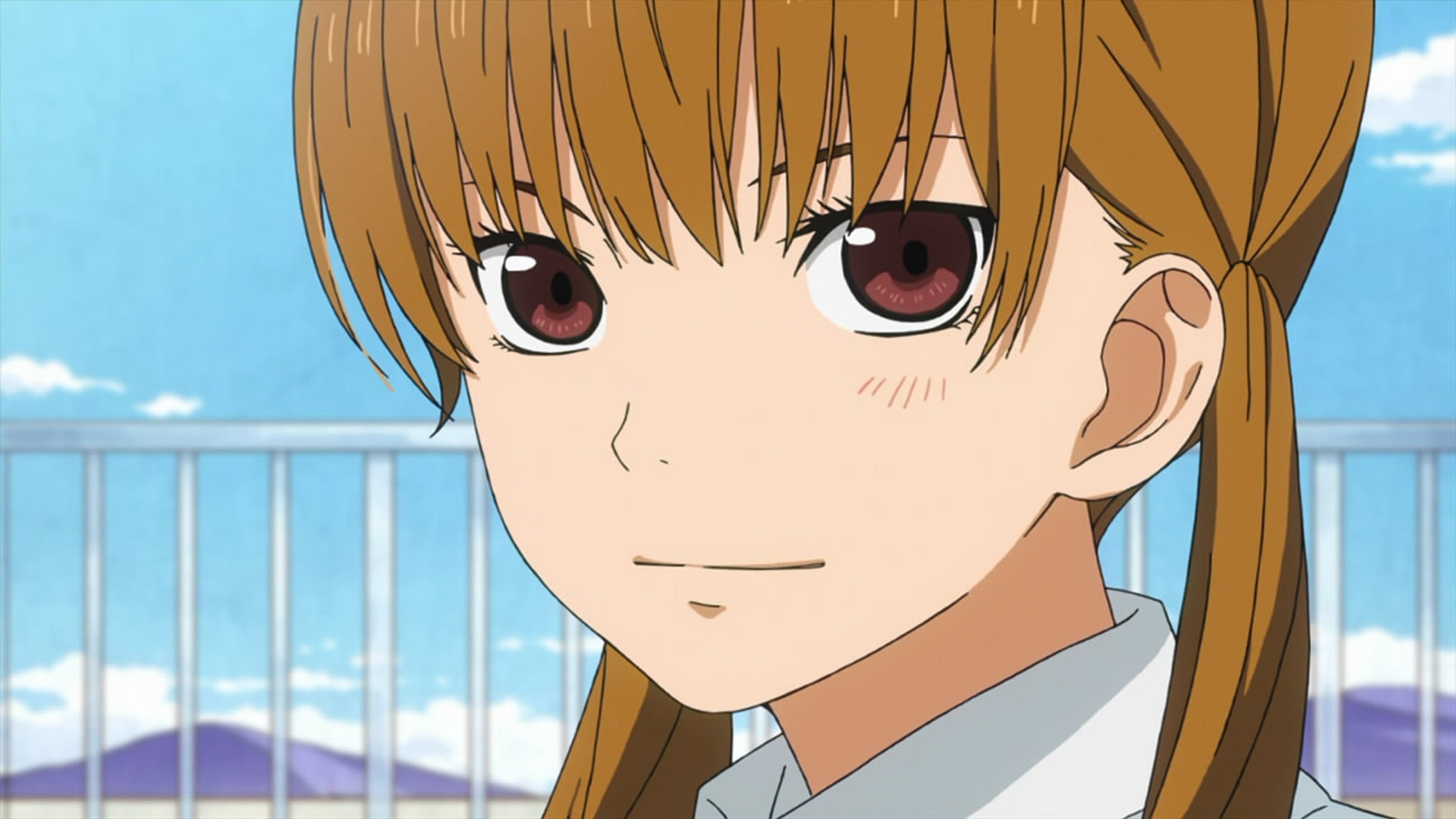 An anime-style character with light brown hair in twin tails and a serious expression