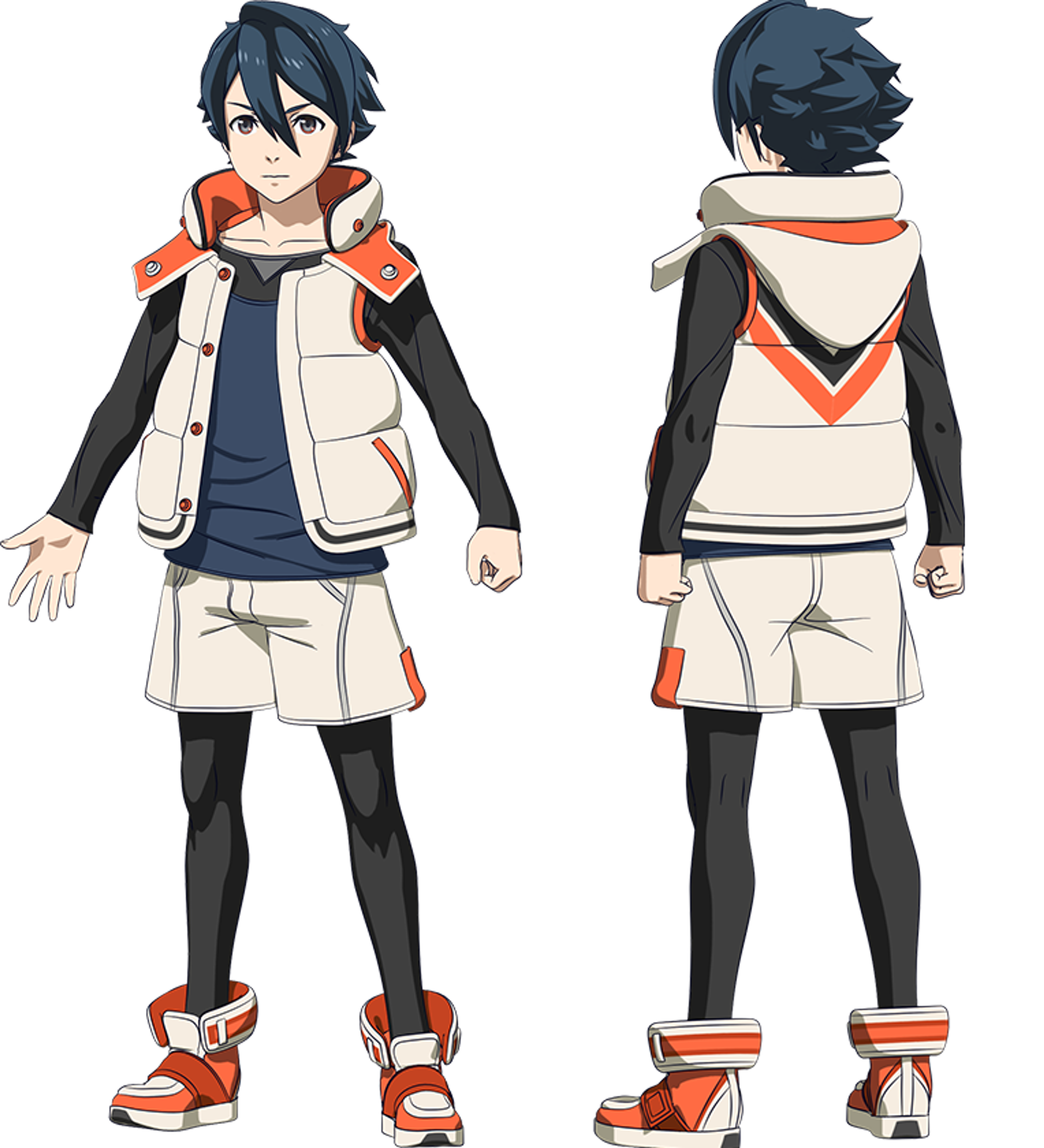 A teenage boy with short dark hair wearing a white and orange jacket, white pants, and red shoes.