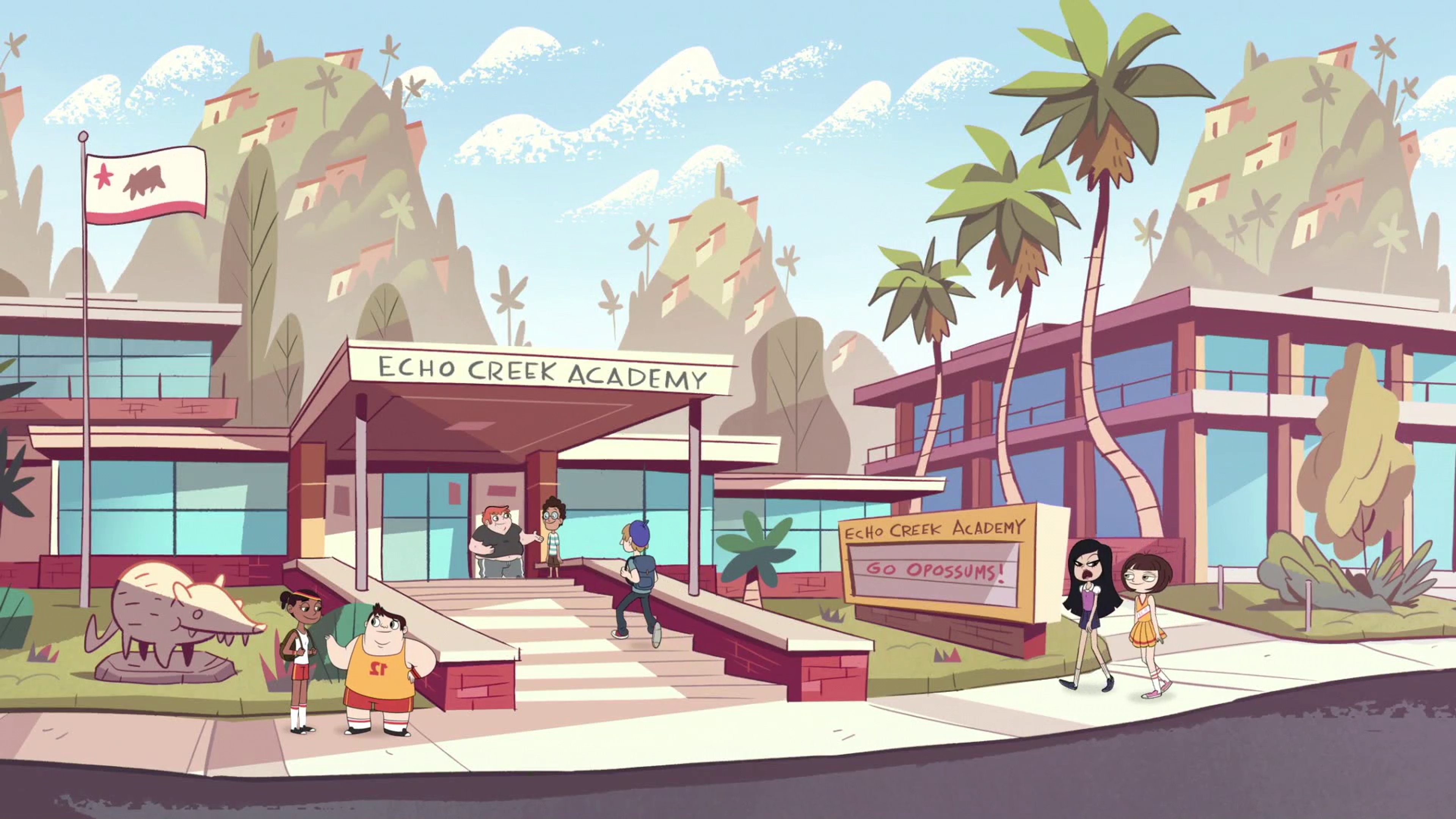 Illustration of a young woman with short dark hair and glasses, wearing a blue shirt and standing in front of a building with palm trees.