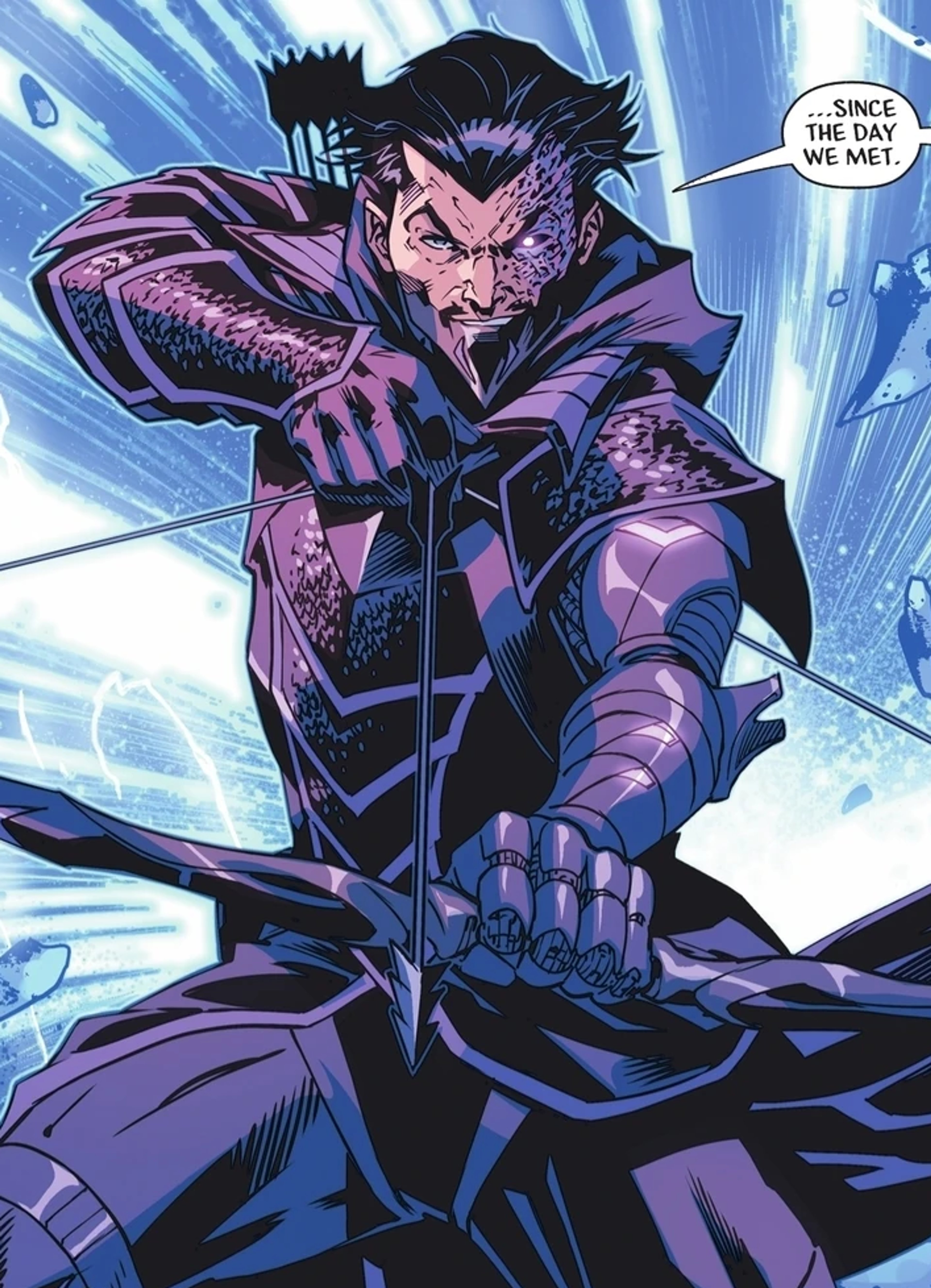 A muscular, dark-haired male character in a purple and black costume holding a bow in a combat stance.