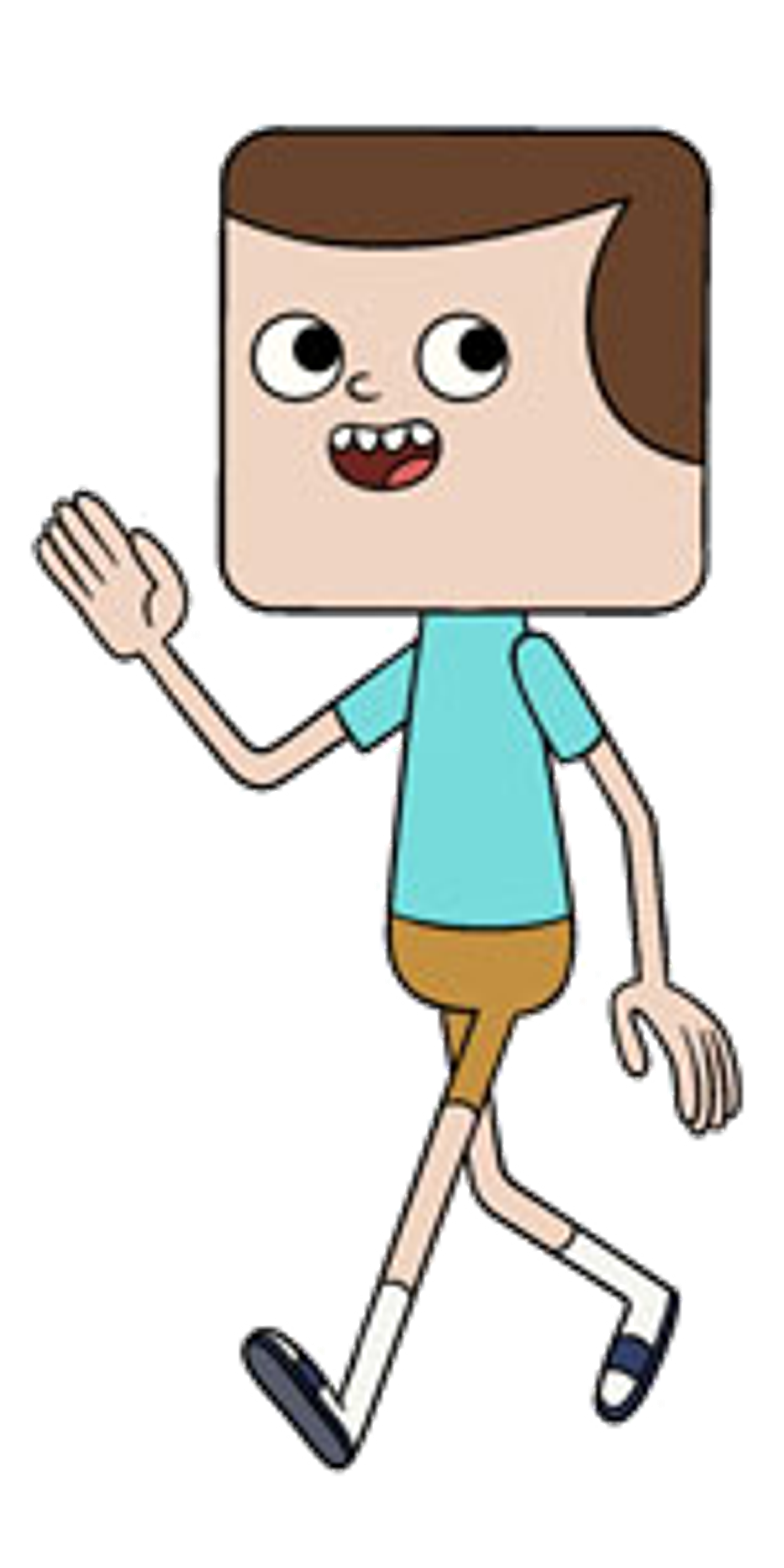 An animated character with a square-shaped head, wearing a cyan t-shirt, yellow shorts, and sandals.