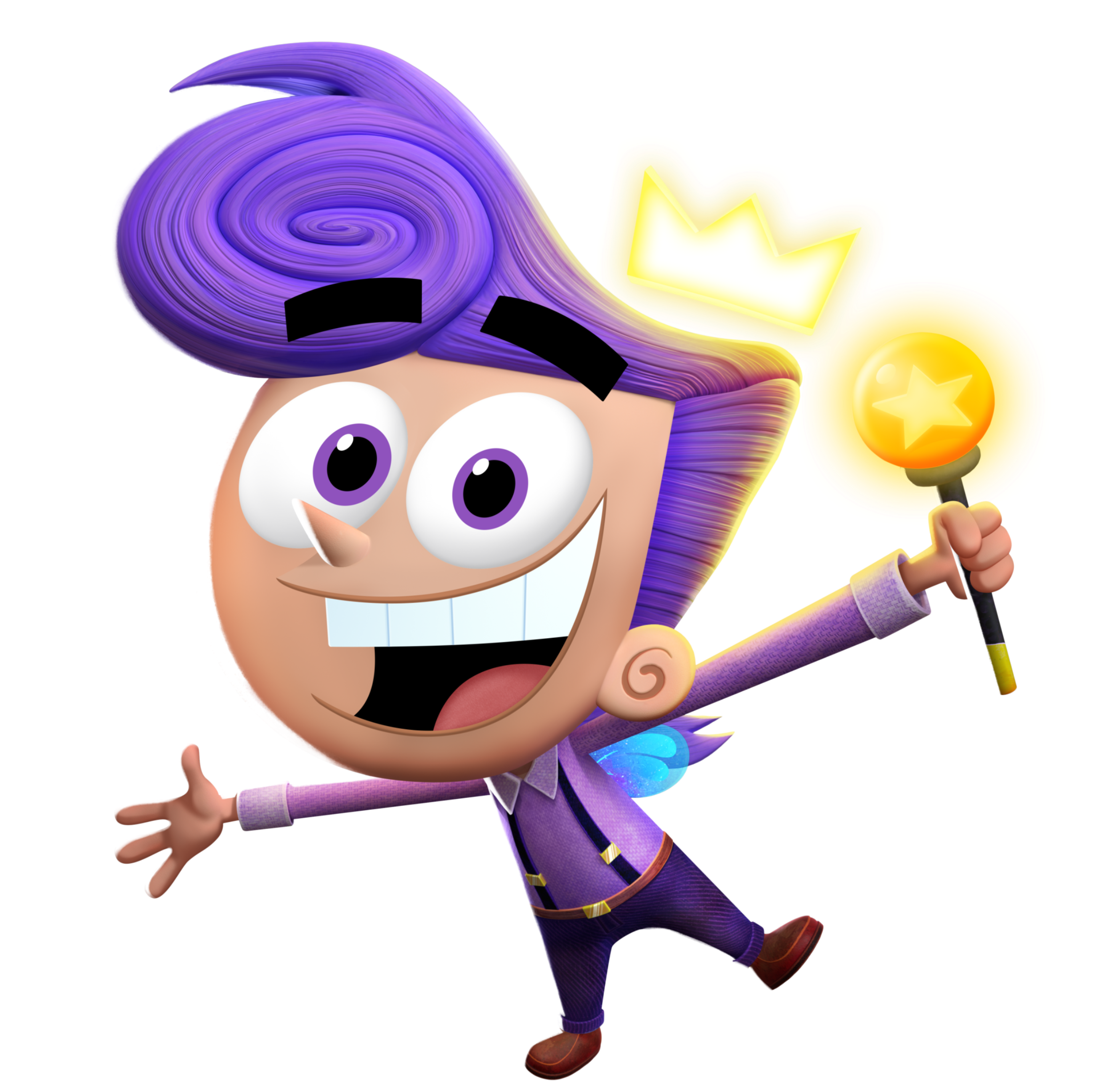 A cartoon character with purple hair and a wide grin, holding a yellow object.