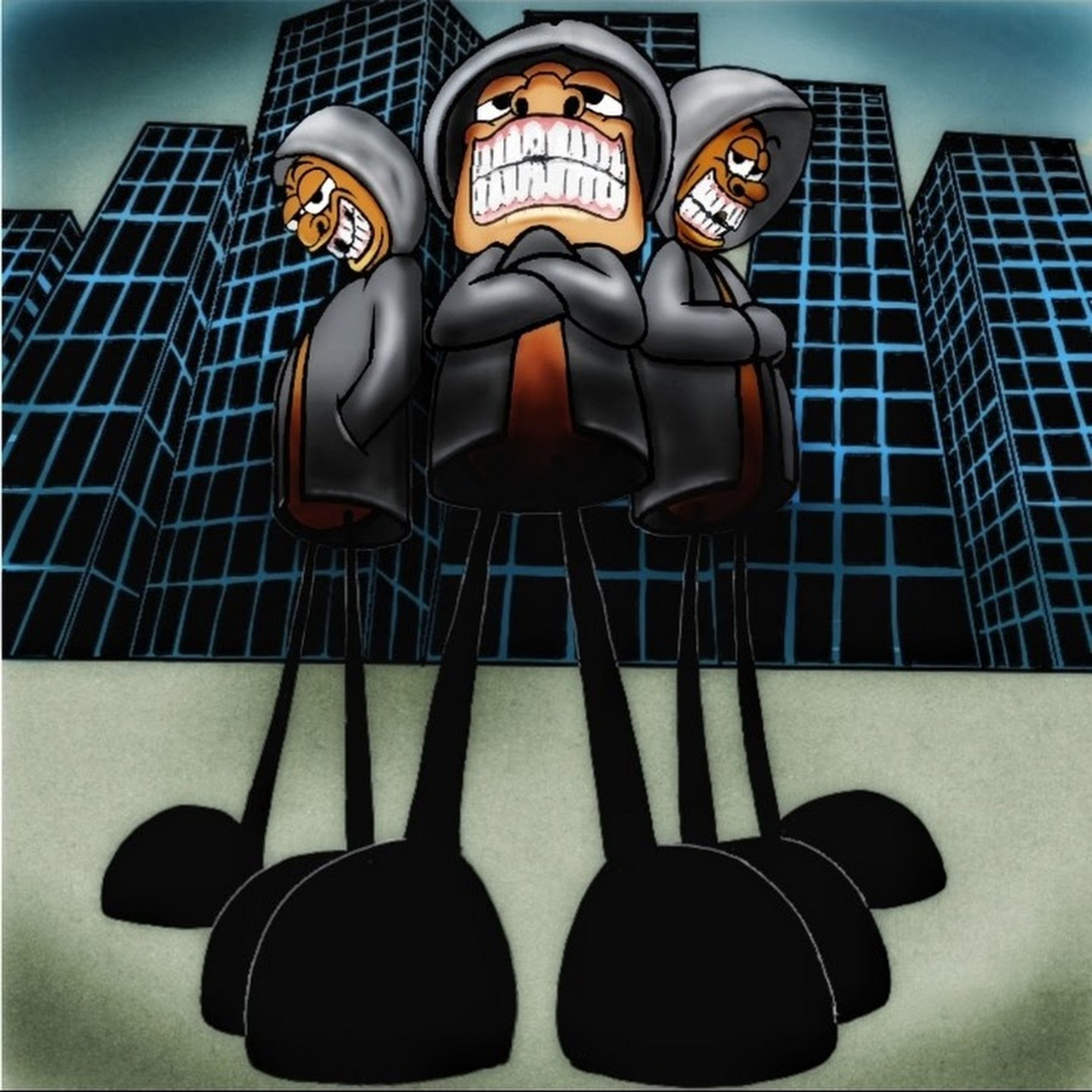 An animated character named Rico with a large, toothy grin and muscular, cartoonish body in front of a cityscape background.