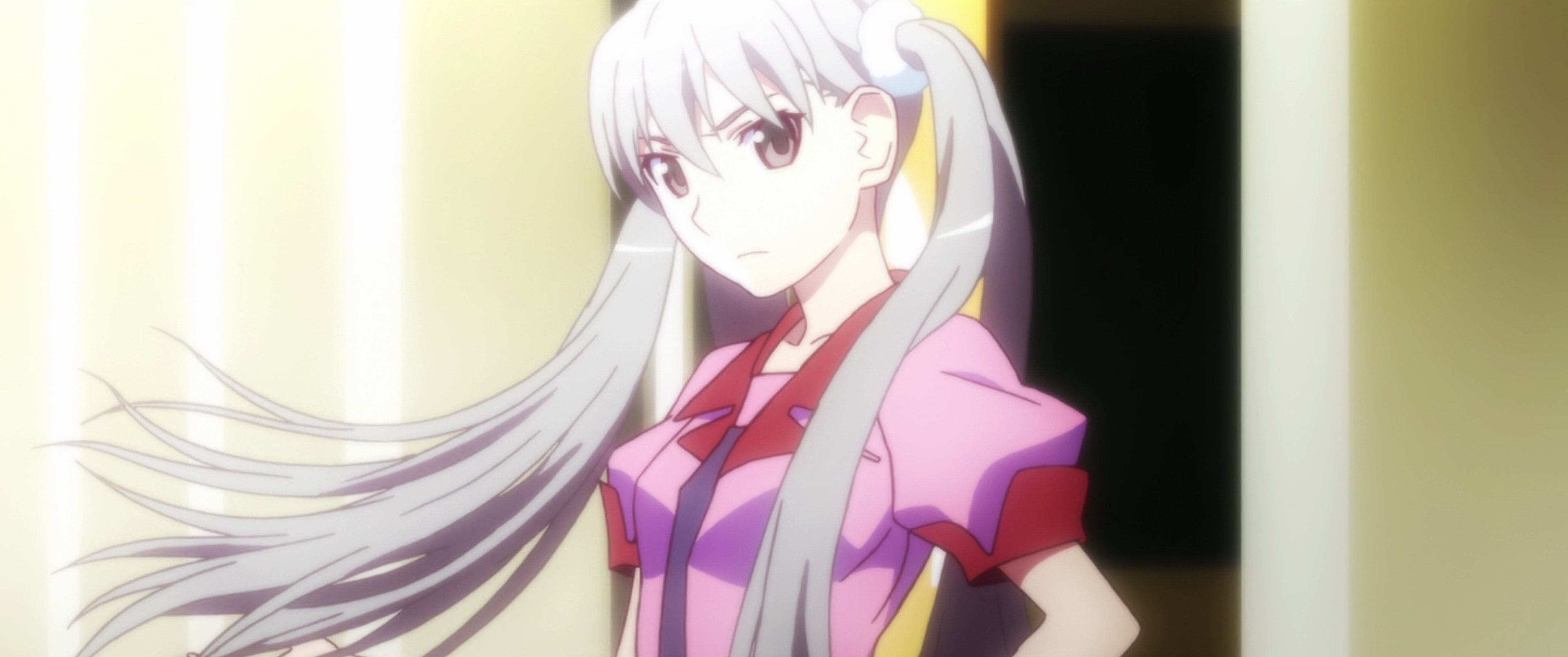 An anime-style character with long white hair and a pink and red outfit