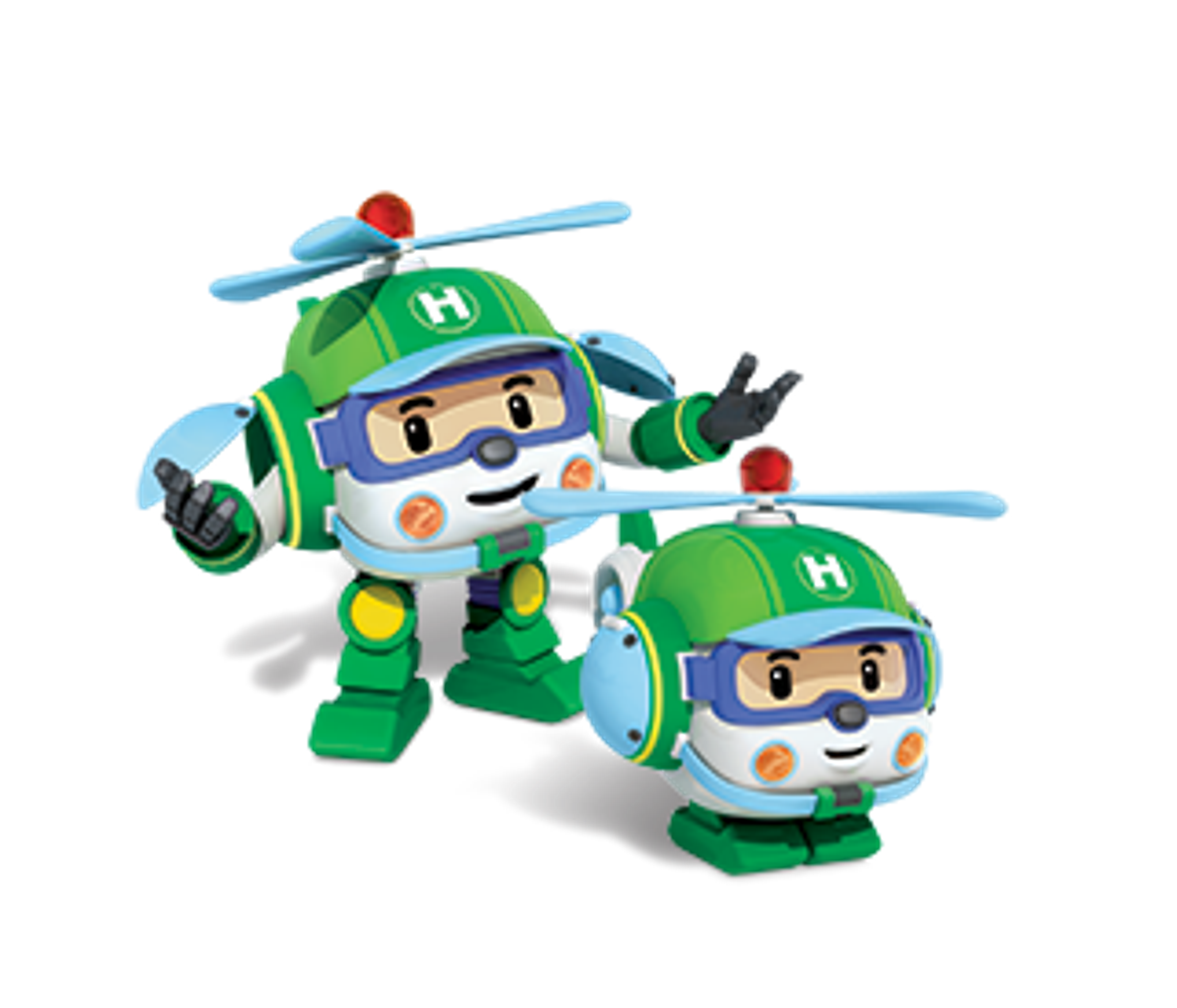 A green and white helicopter robot character with a propeller on its head in a transforming pose.