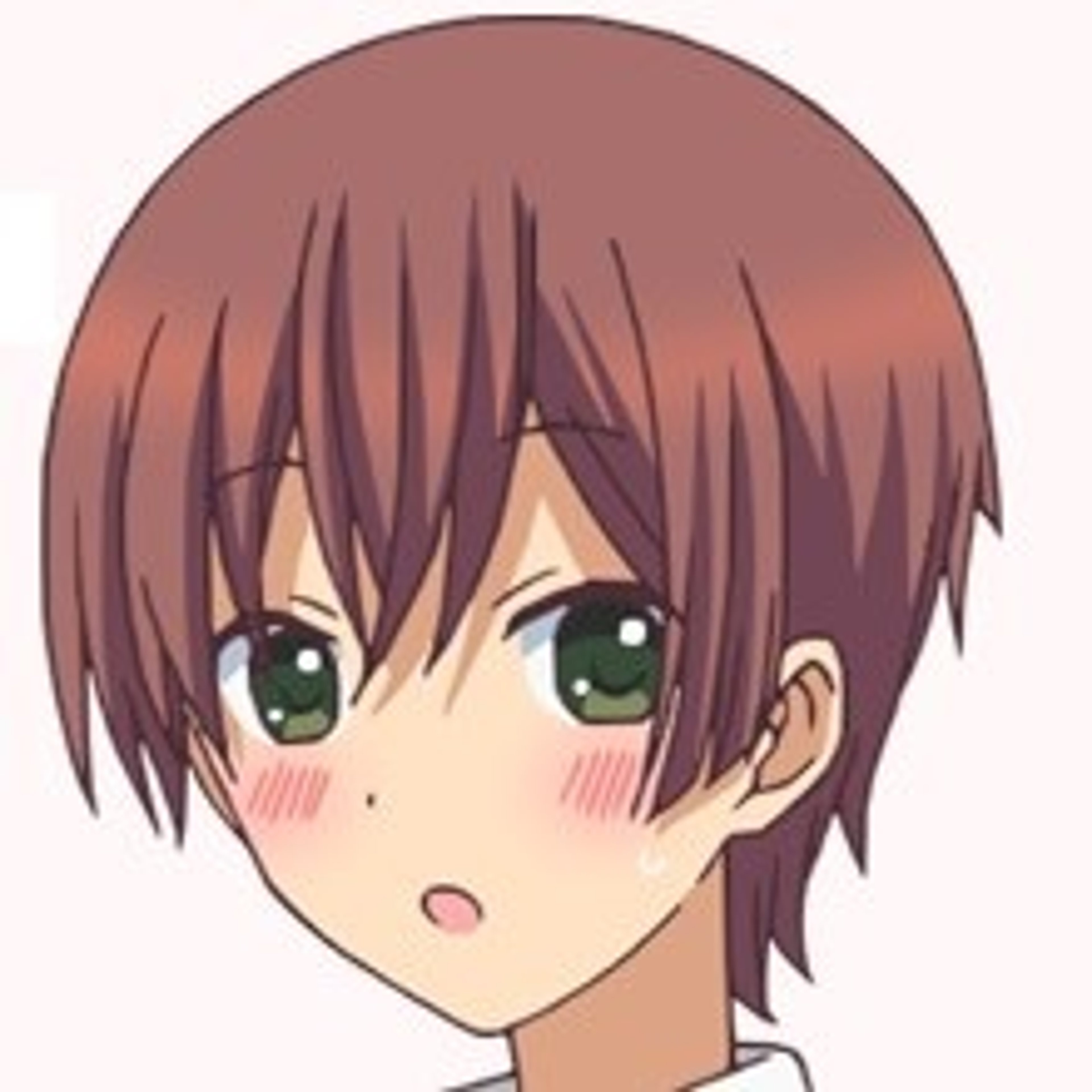 An anime-style character with short brown hair and dark green eyes, wearing a school uniform.