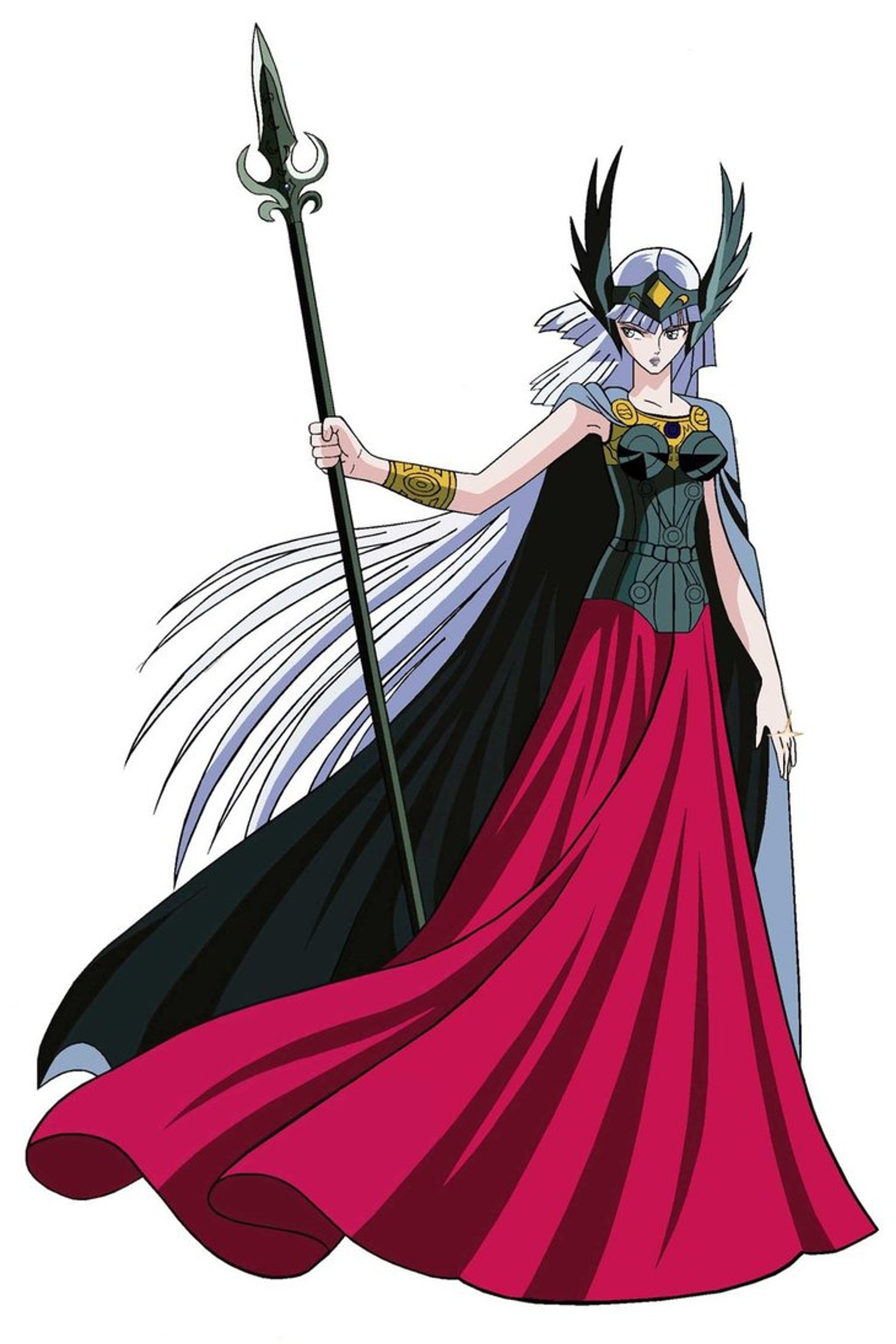 A powerful and dignified woman in a black and red dress, holding a long staff or spear.