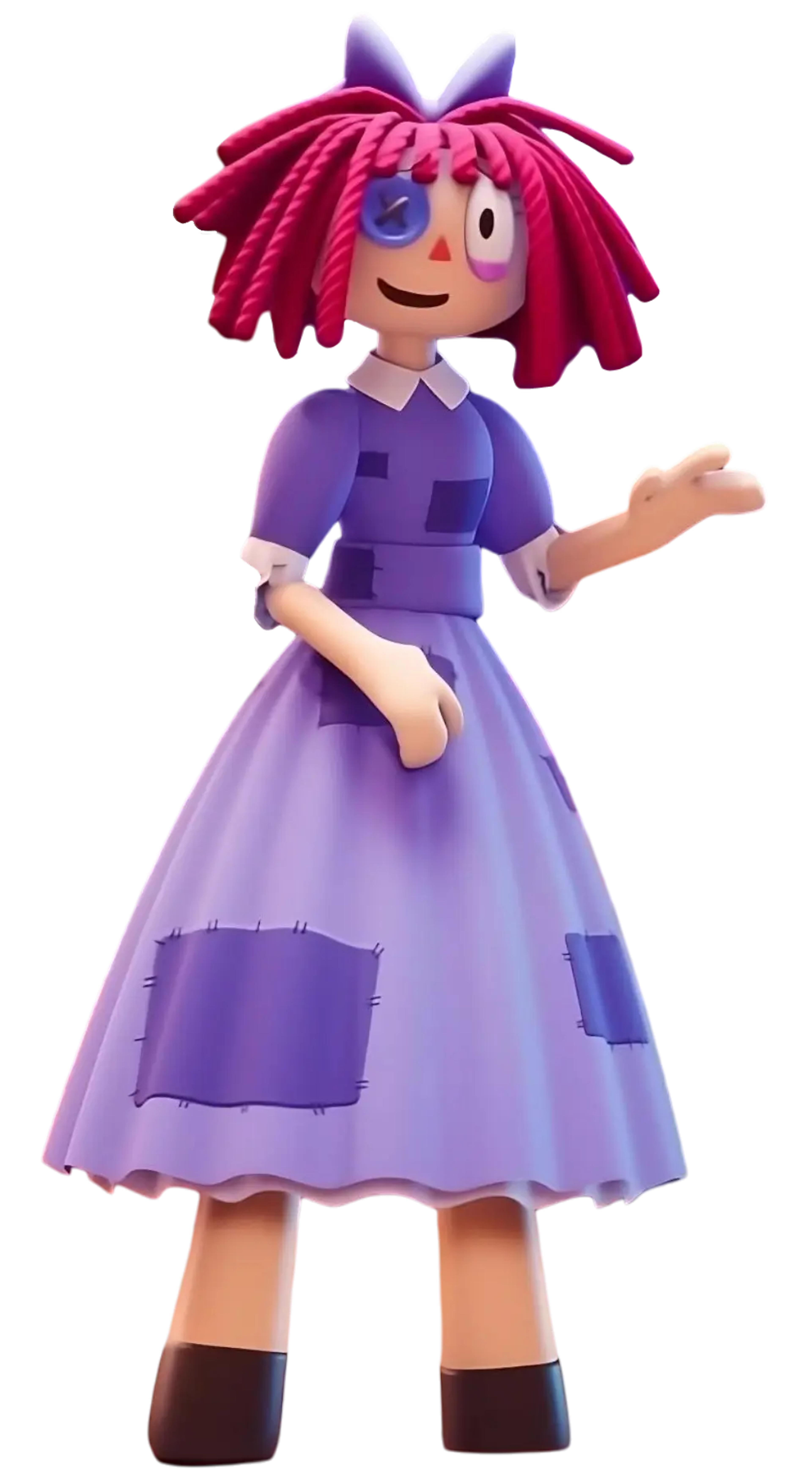 A detailed 3D model of a cheerful and optimistic rag doll character with red yarn-like hair, button eyes, and a patchwork dress.