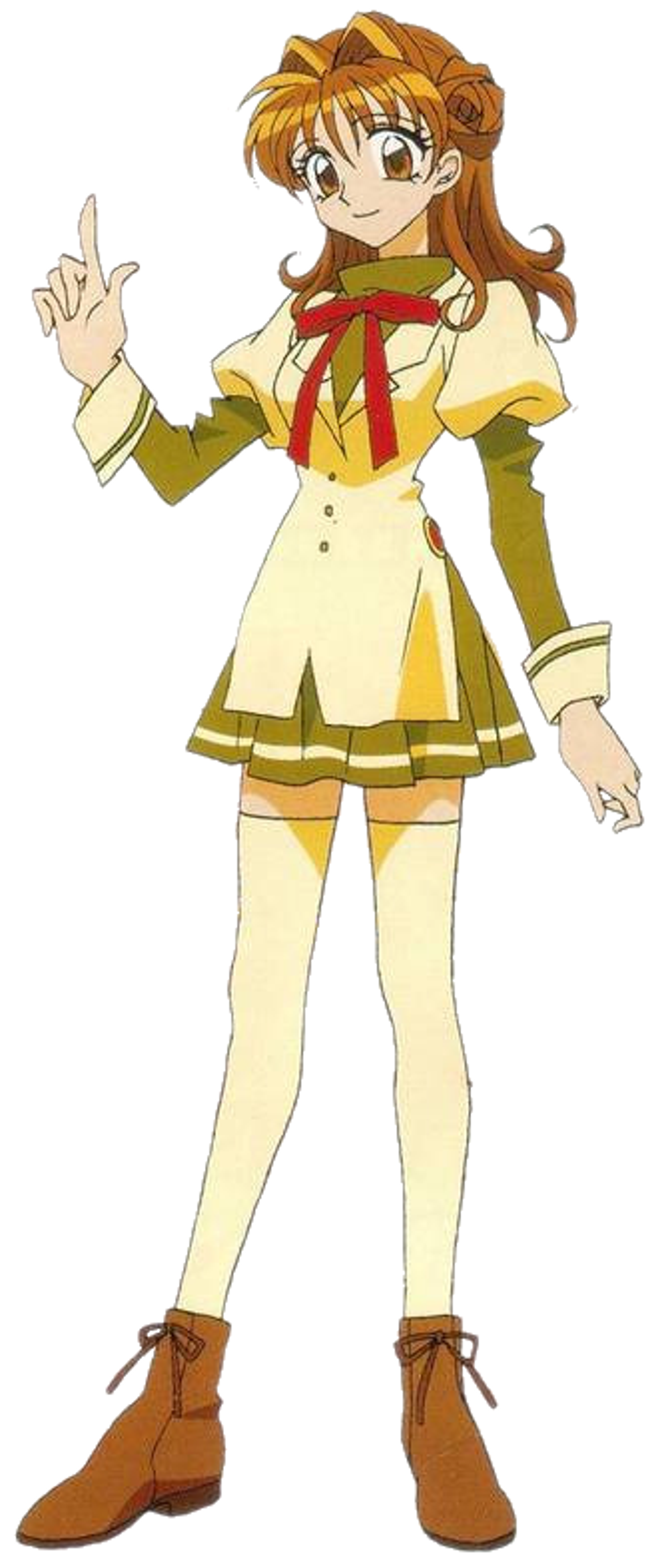 An anime-style character named Maron Kusakabe, a 16-year-old high school student with light brown hair and eyes, wearing a yellow dress and brown boots.