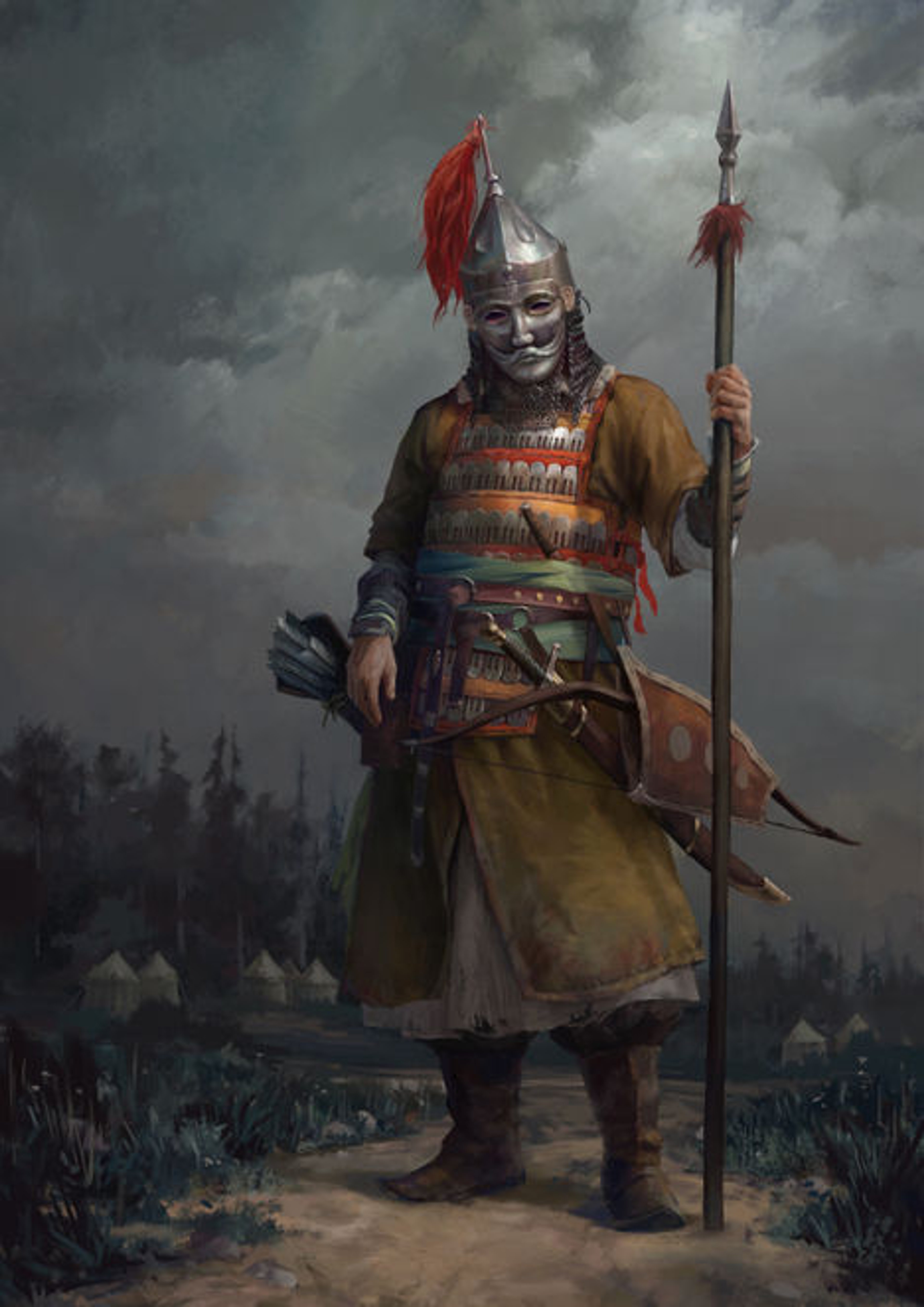 A Cuman warrior in traditional attire, holding a spear and standing in a defensive stance against a stormy backdrop.