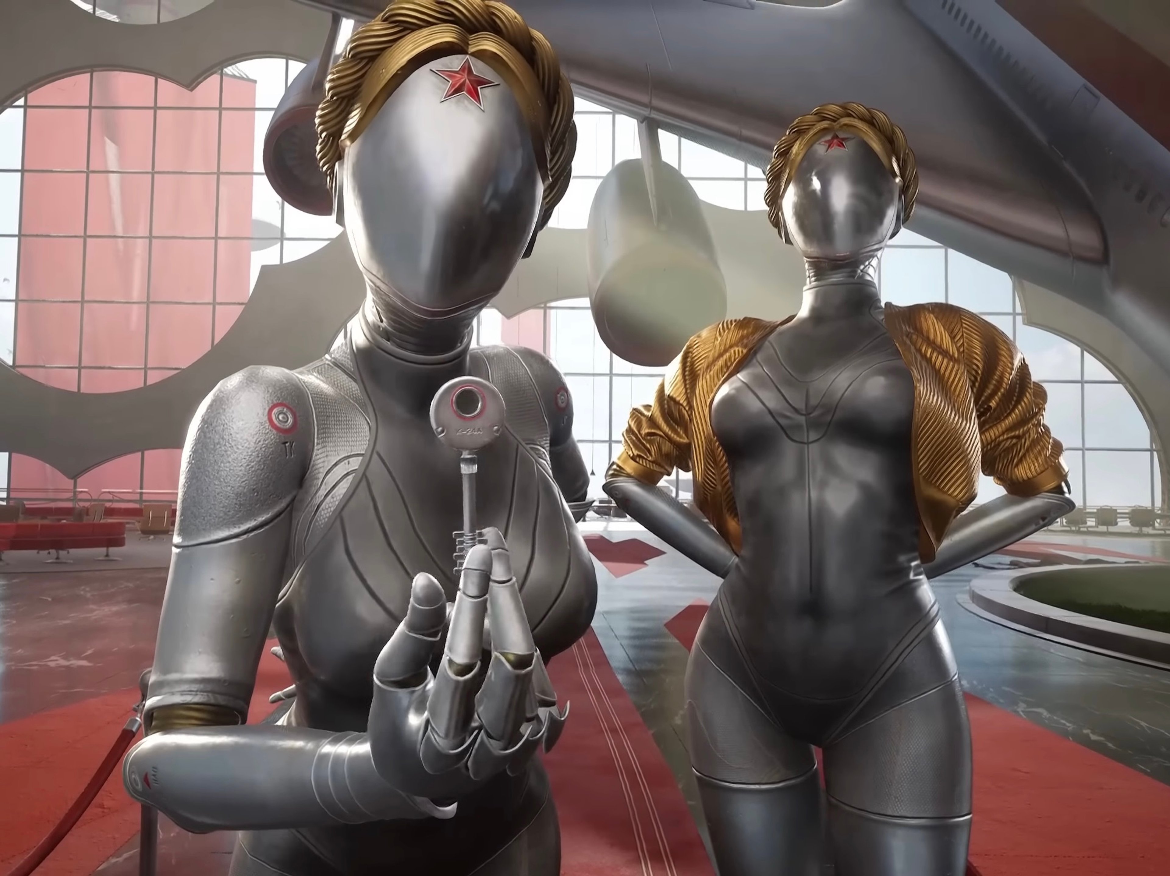 Two robotic female figures with a sleek, futuristic design in a futuristic, industrial setting.