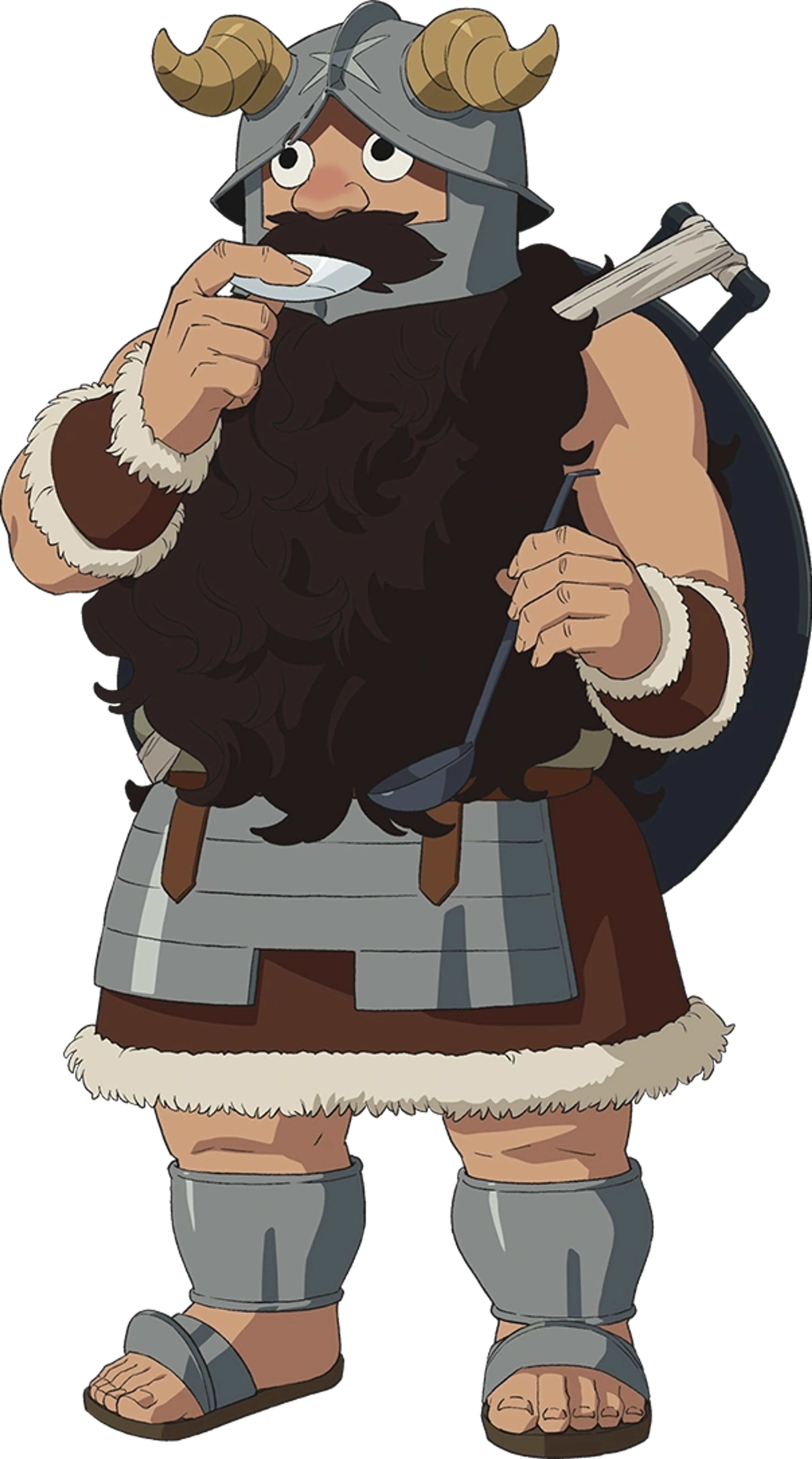 A chubby, muscular dwarf character with a long beard, wearing a knight helmet with sheep horns and armor.
