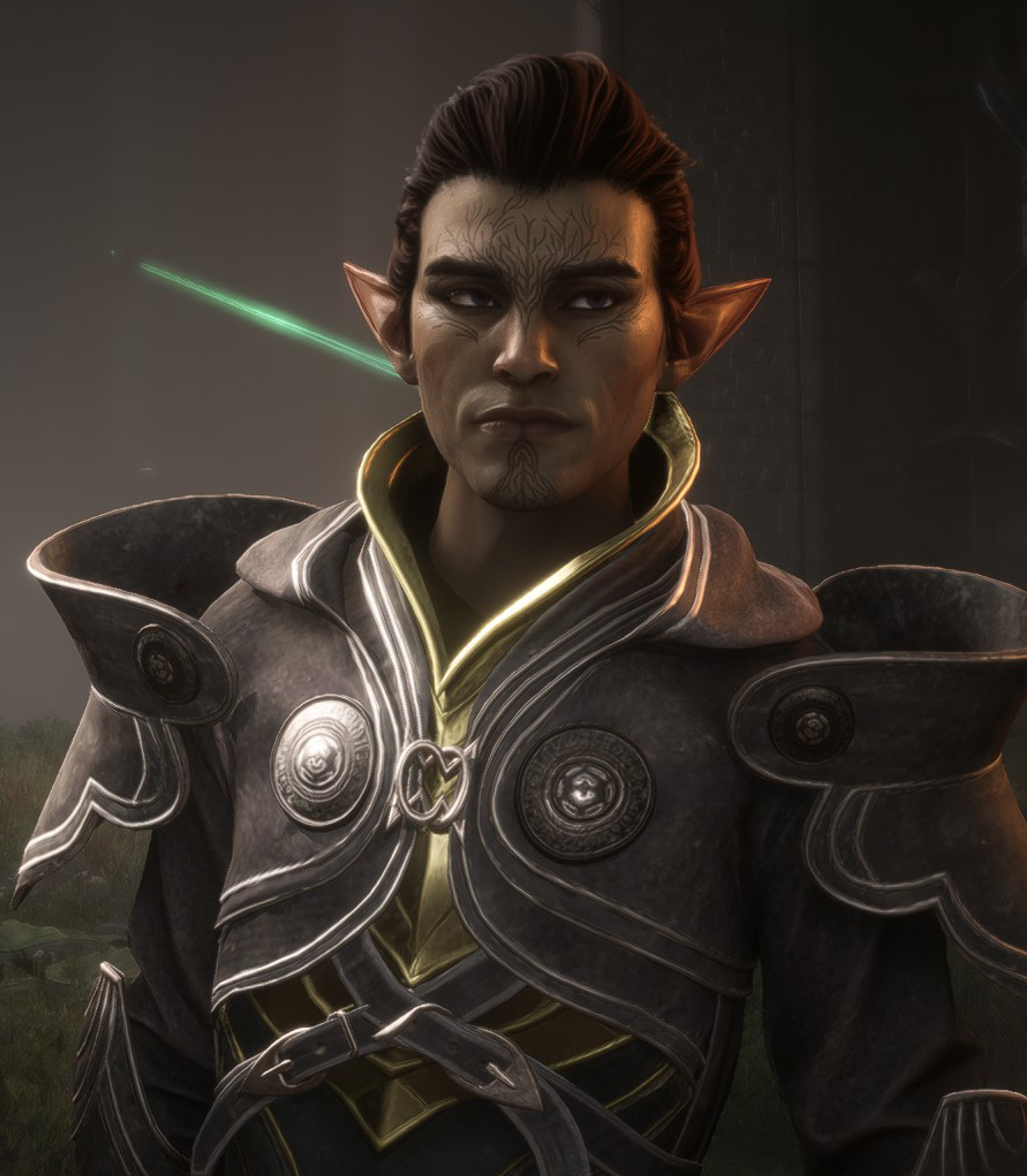 A male elf character with violet eyes and facial tattoos, wearing a detailed fantasy outfit and holding a magical staff.