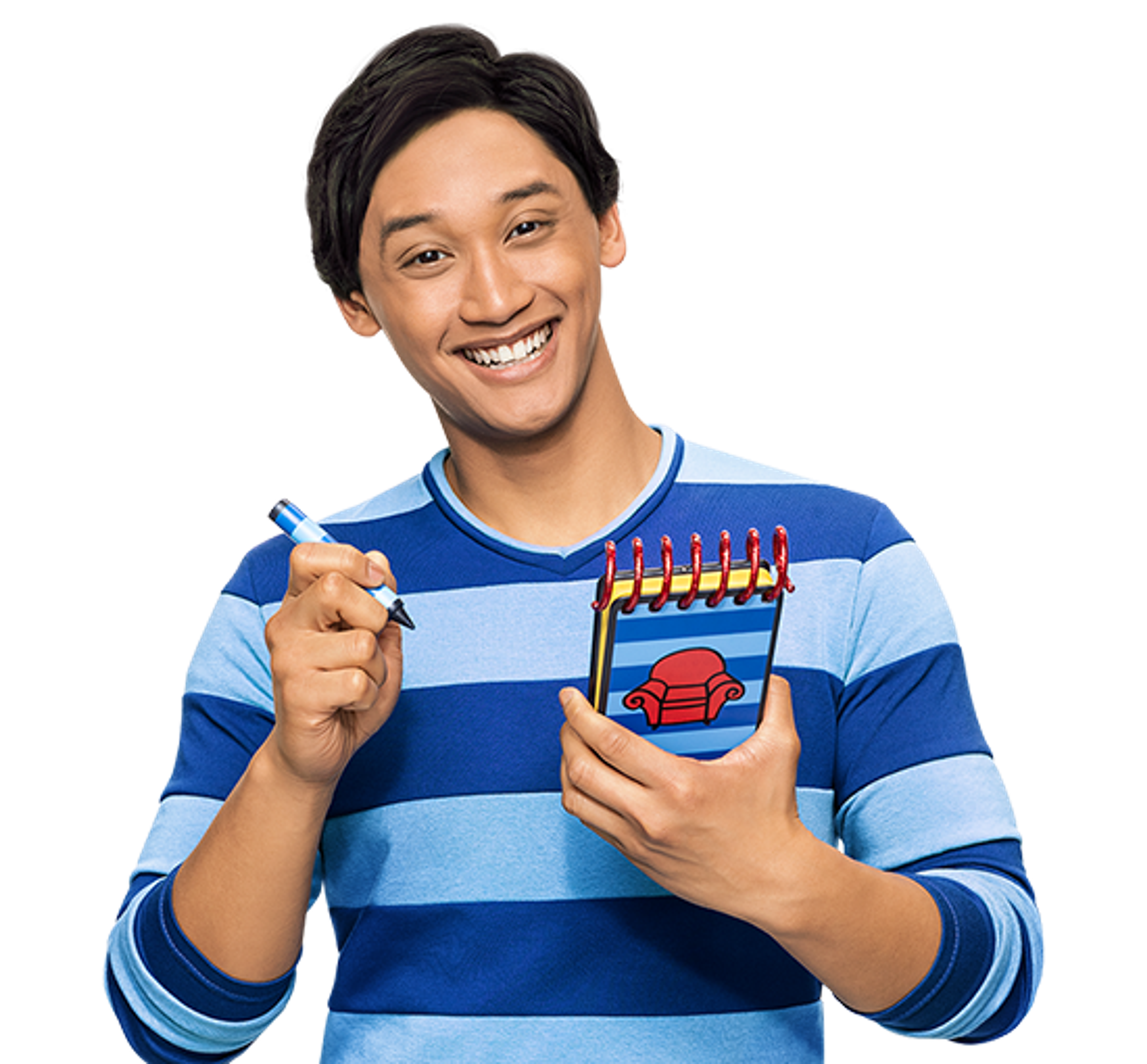 A smiling young man with short dark hair wearing a blue and white striped shirt and holding a notebook or sketchpad.