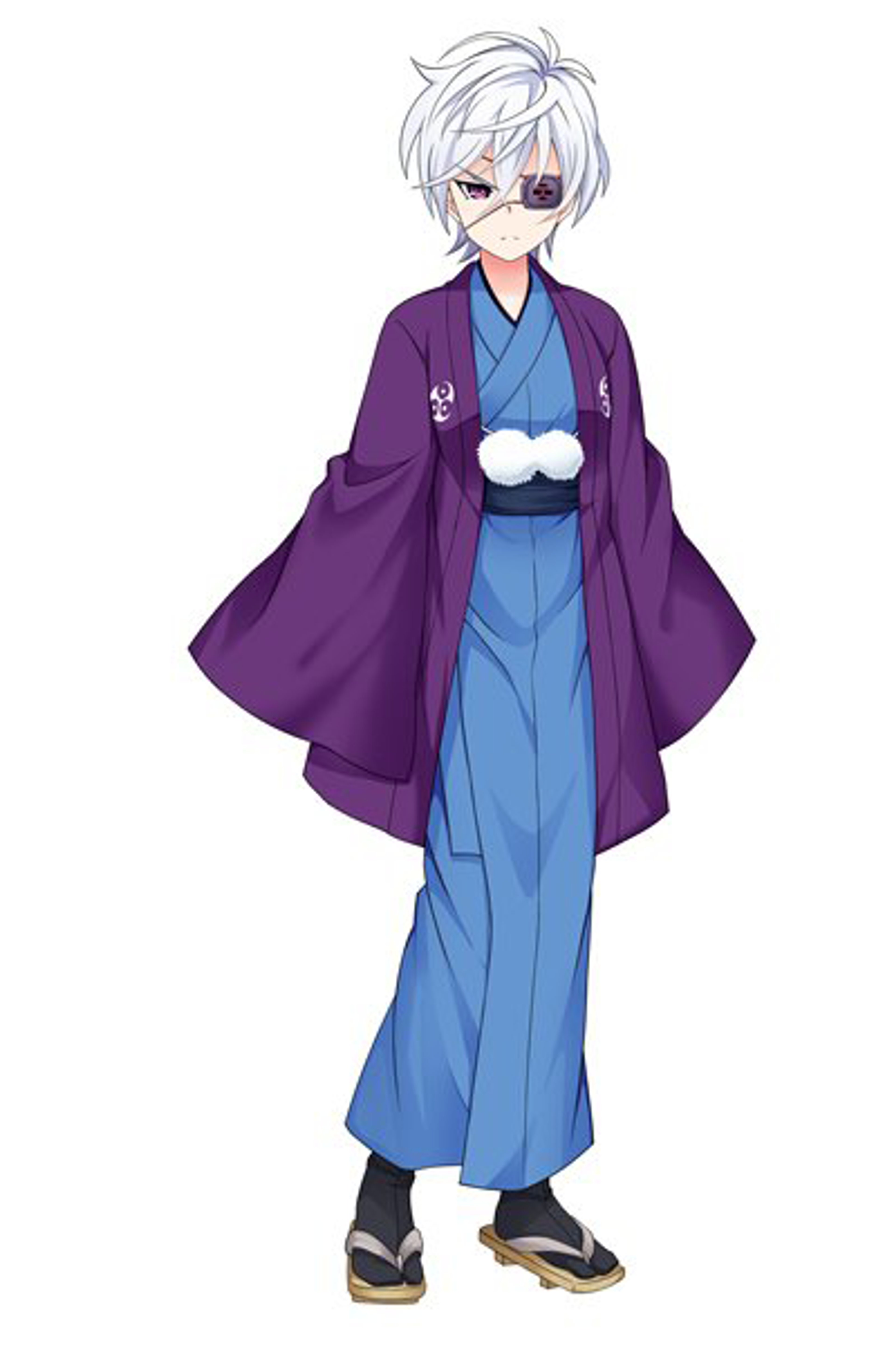 An anime-style character with a feminine appearance wearing a purple kimono-style robe