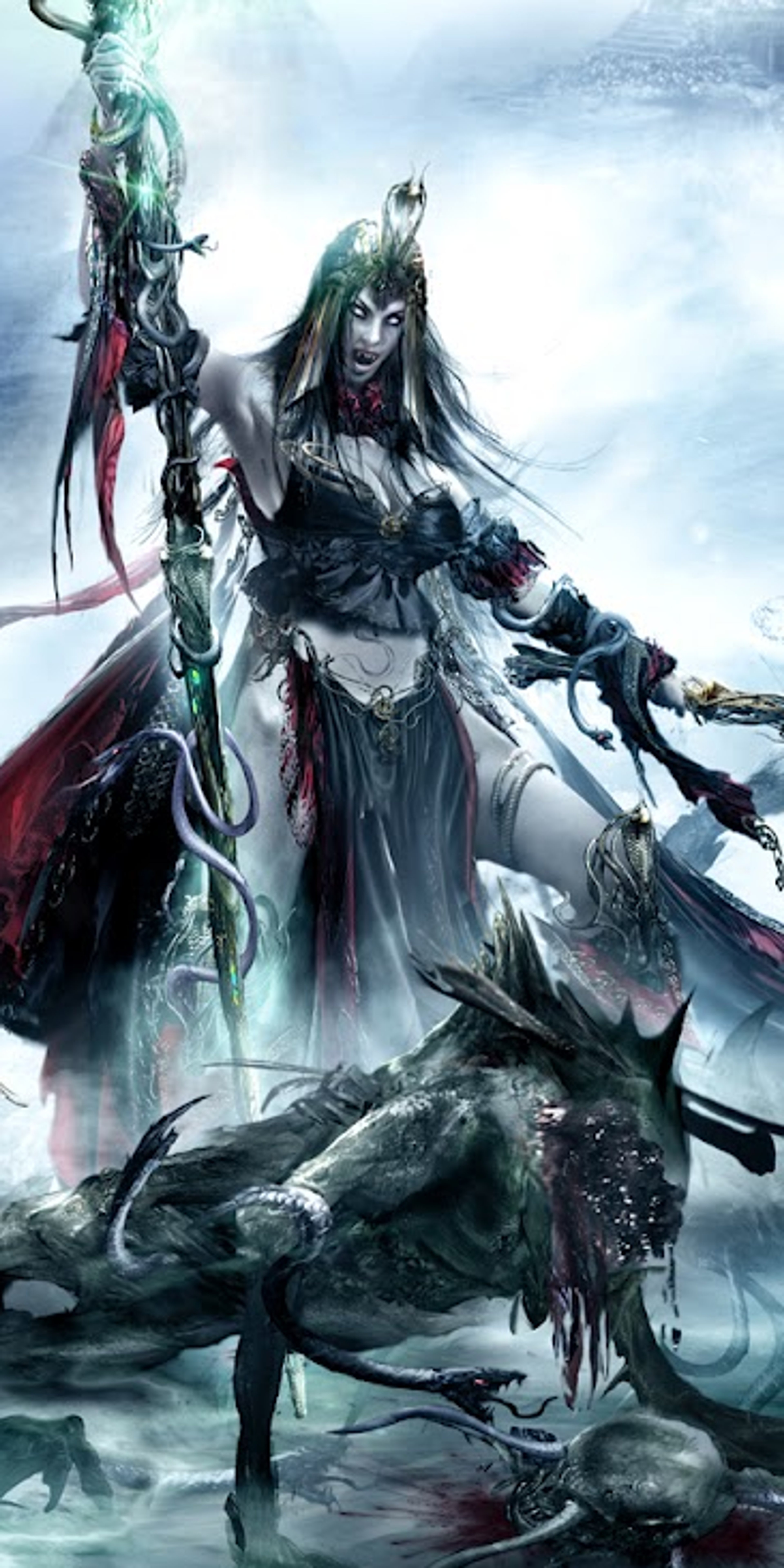 A powerful, regal female character with green hair and an ornate dress, holding a staff or scepter in a dark, mystical landscape.