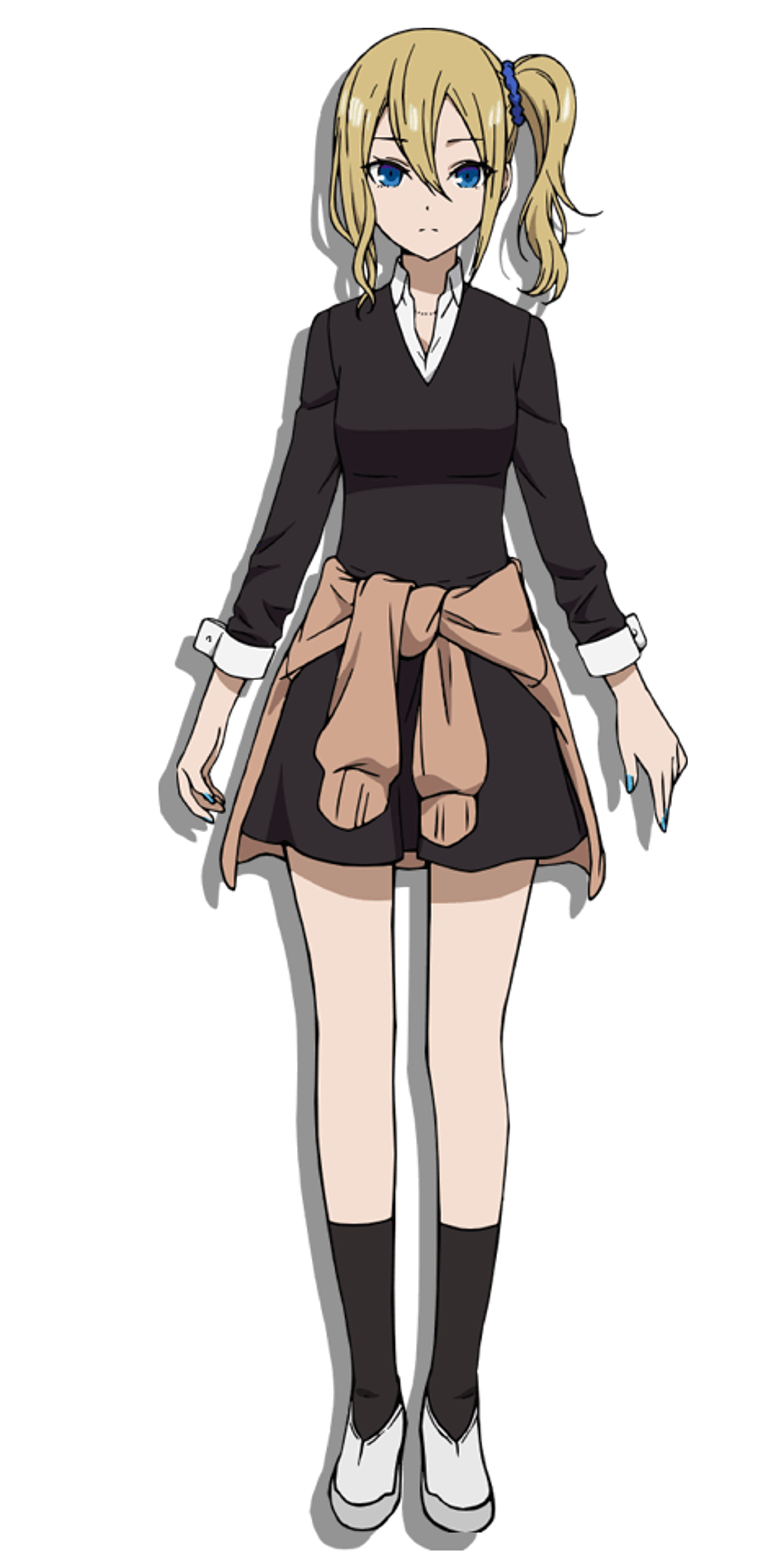 A young woman with blonde hair in twin tails, wearing a black and tan outfit, with a calm expression.